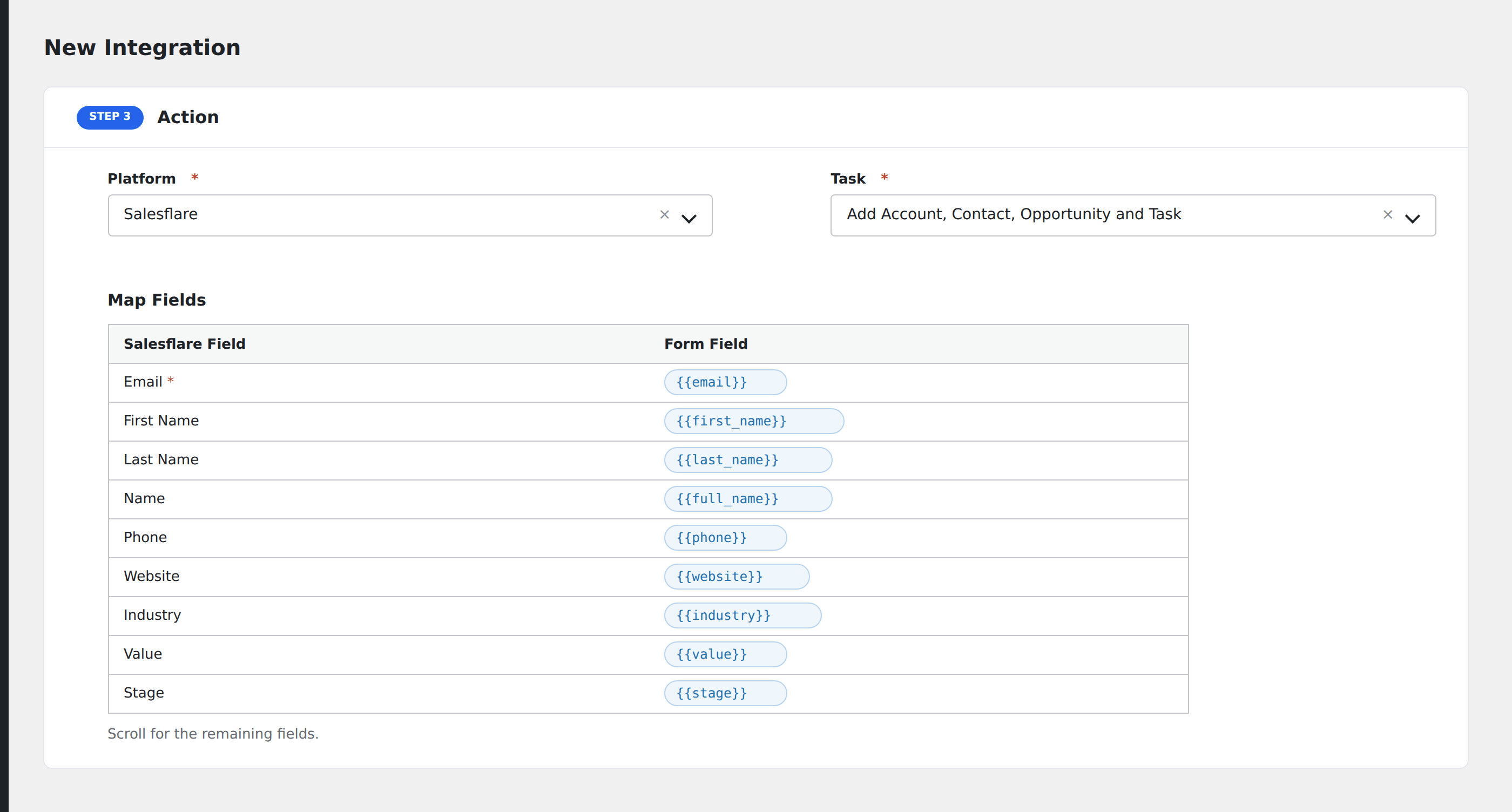 Screenshot: AFI field-mapping screen with Salesflare entity checkboxes and field selectors visible