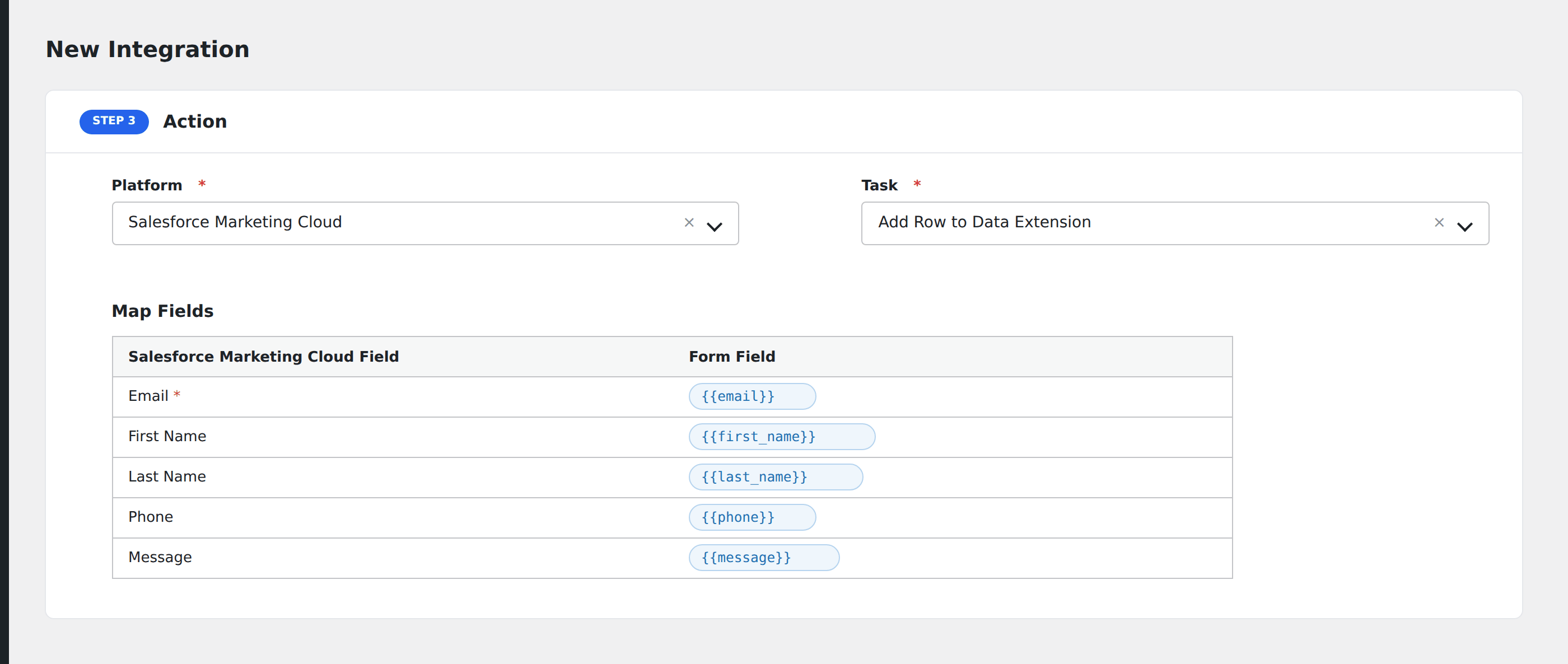 Screenshot: AFI field-mapping screen with Salesforce Marketing Cloud data extension fields visible