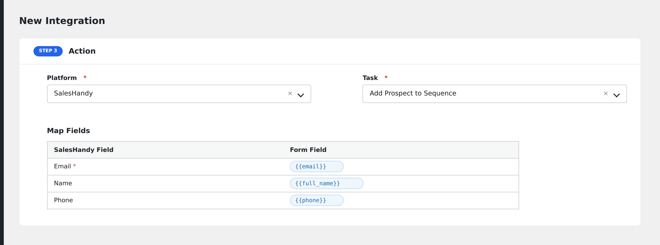 Screenshot: AFI field-mapping screen with SalesHandy sequence and step selectors visible