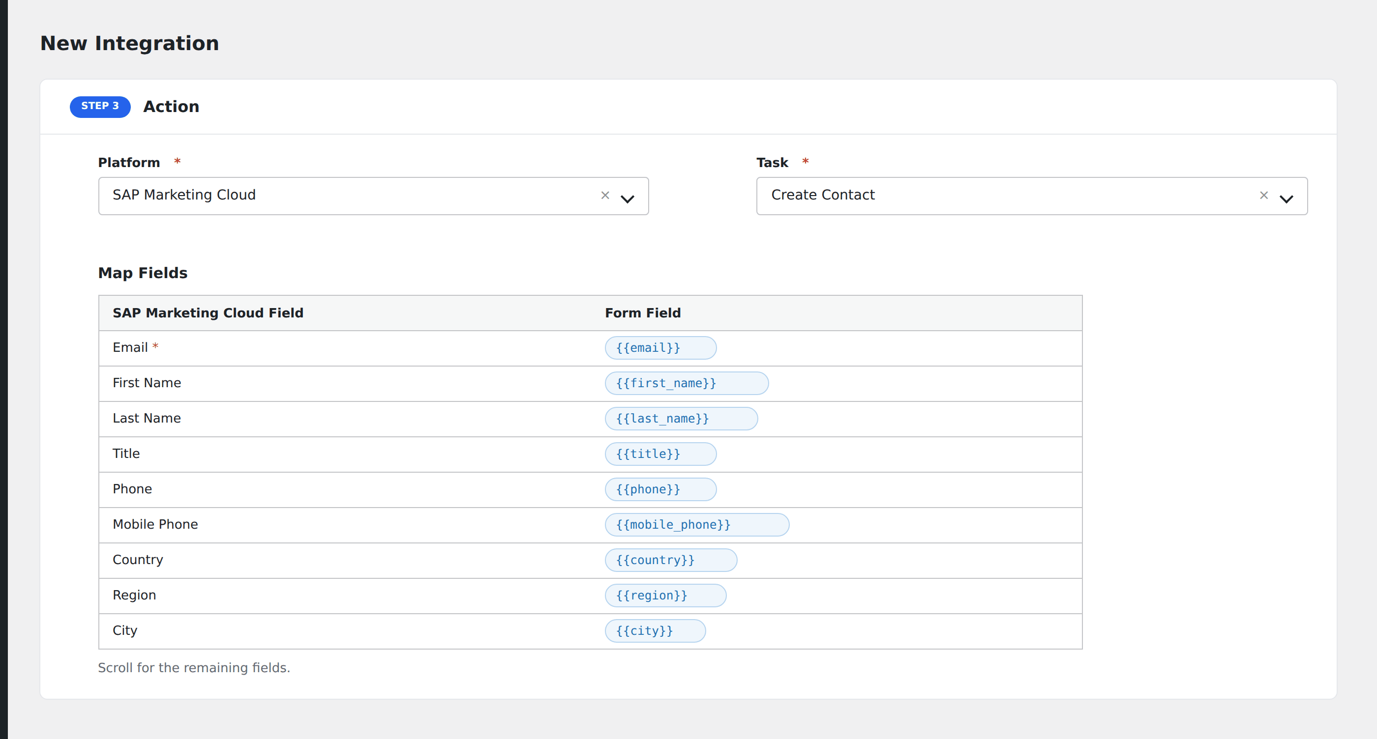 Screenshot: AFI field-mapping screen with SAP Marketing Cloud contact fields visible