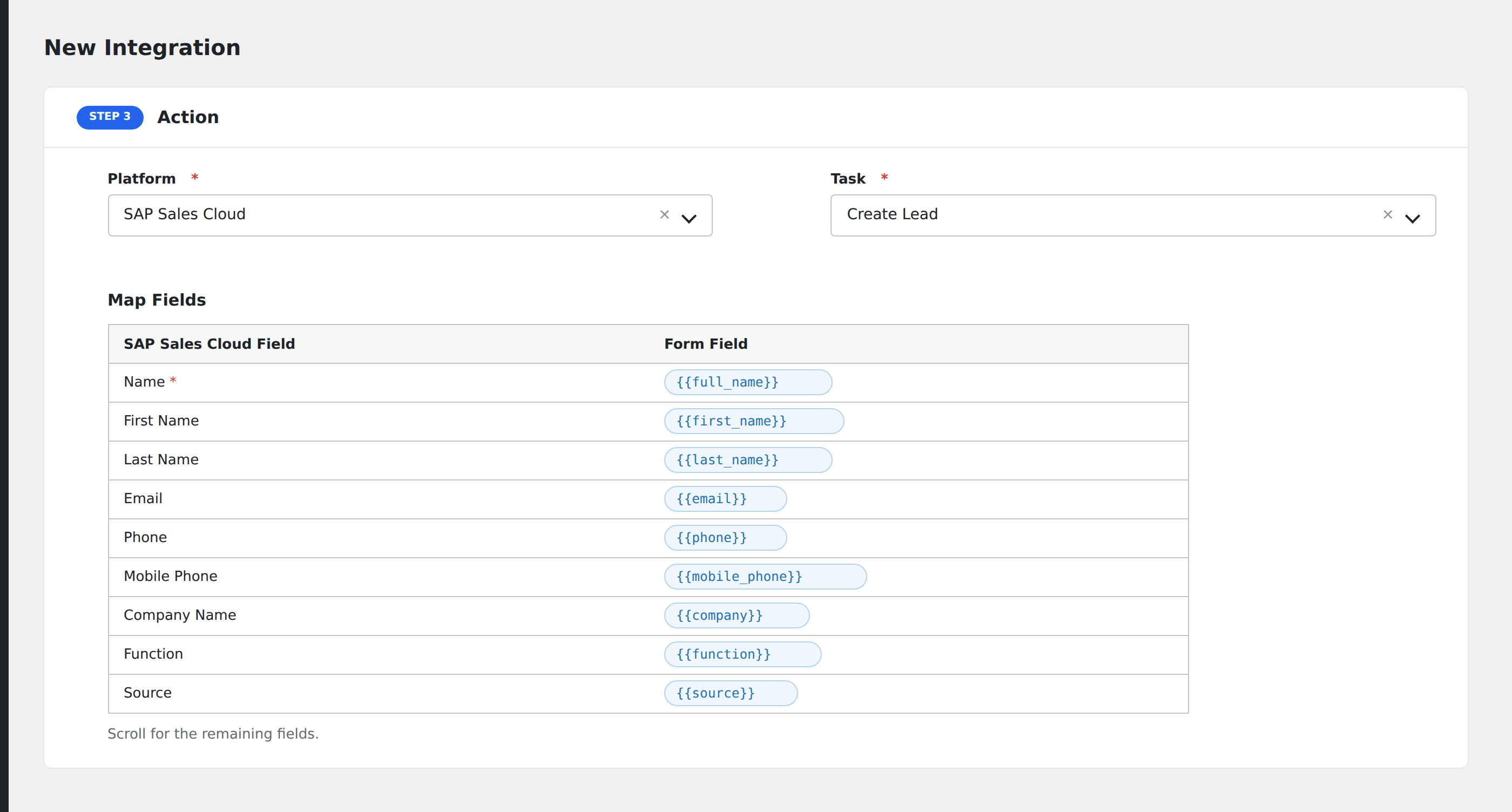 Screenshot: AFI field-mapping screen with SAP Sales Cloud lead fields visible