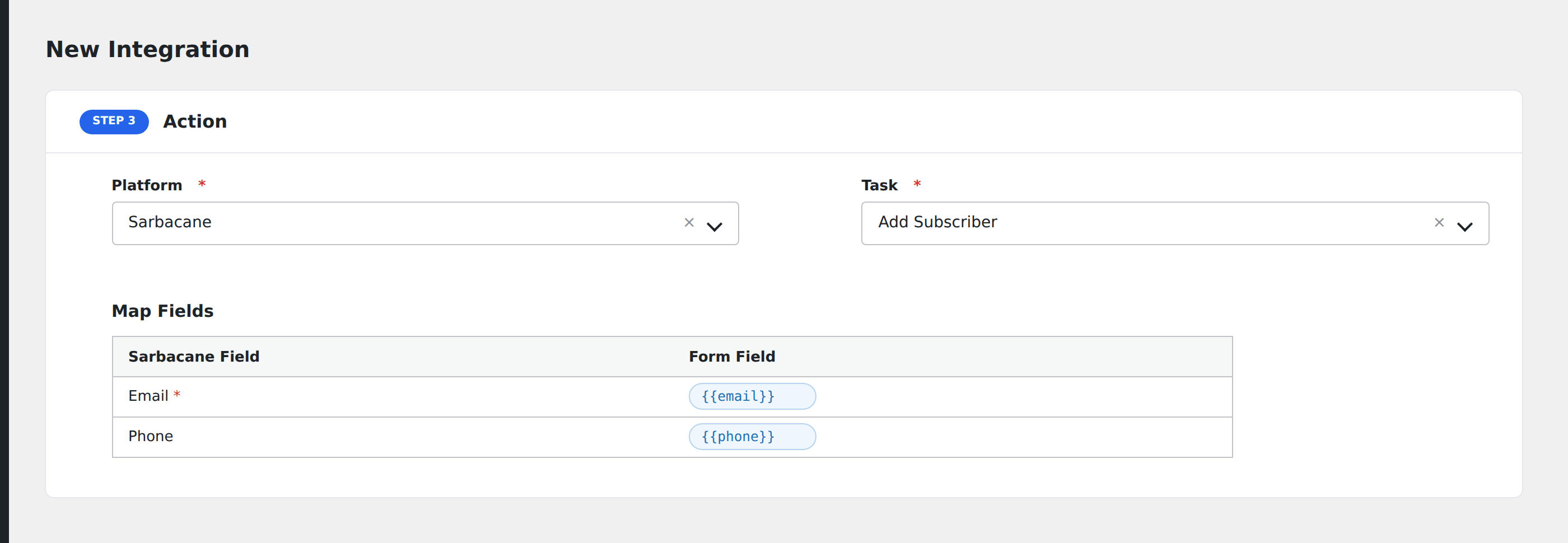 Screenshot: AFI field-mapping screen with Sarbacane list and subscriber fields visible