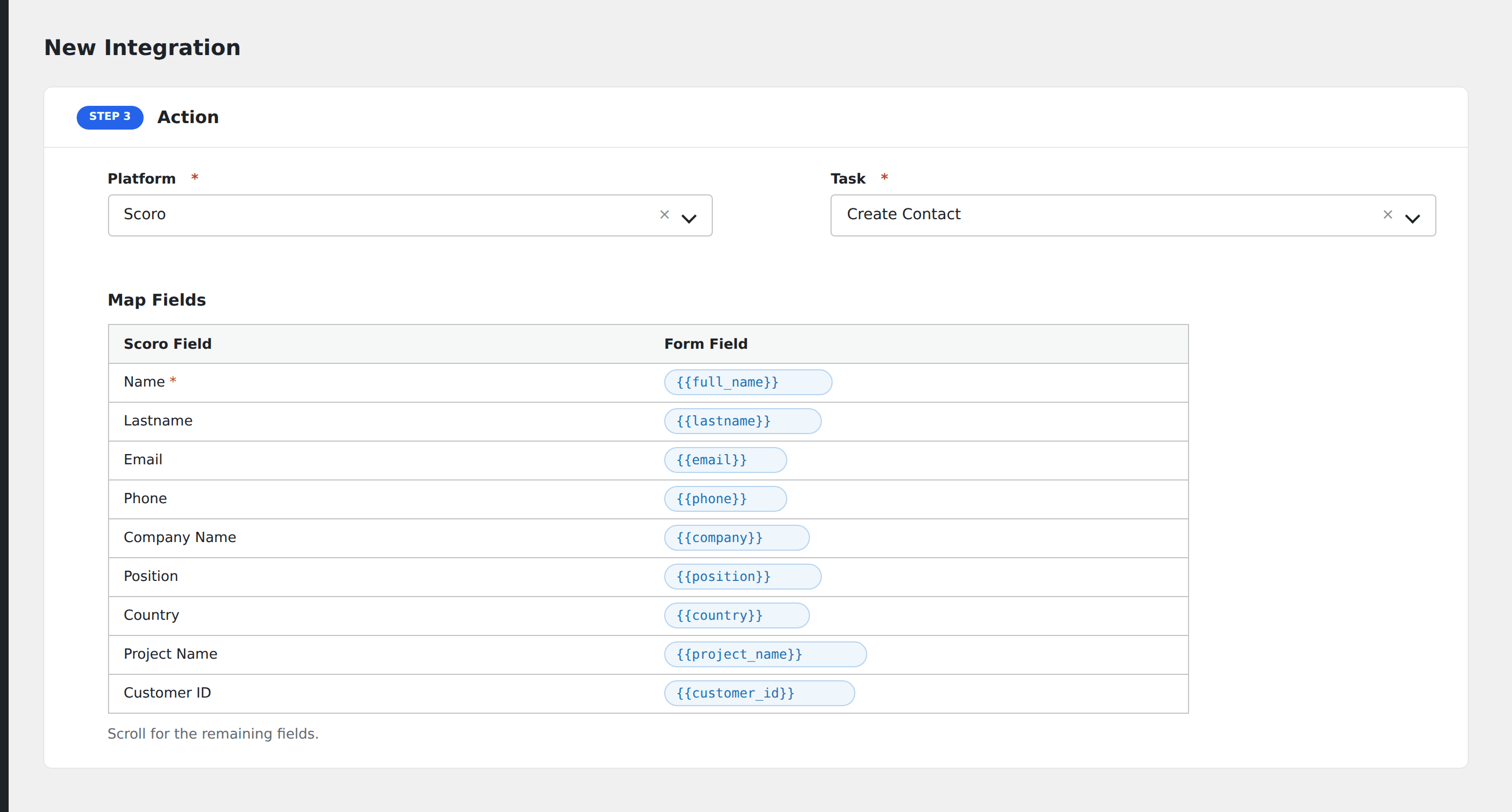 Screenshot: AFI field-mapping screen with Scoro contact fields visible