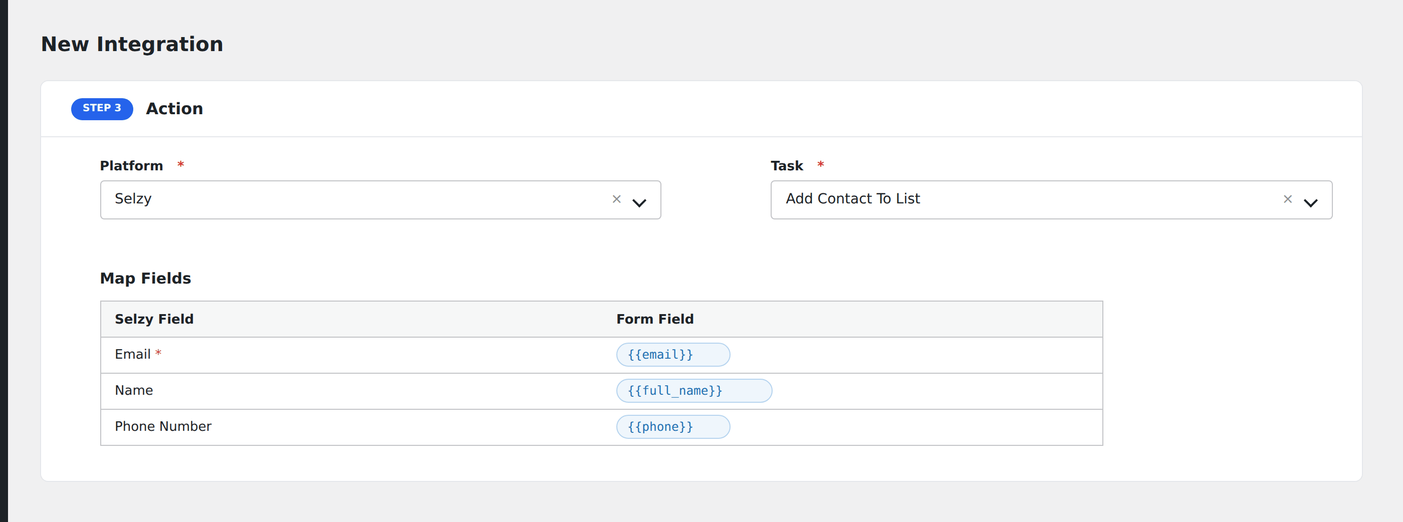 Screenshot: AFI field-mapping screen with Selzy list and contact fields visible