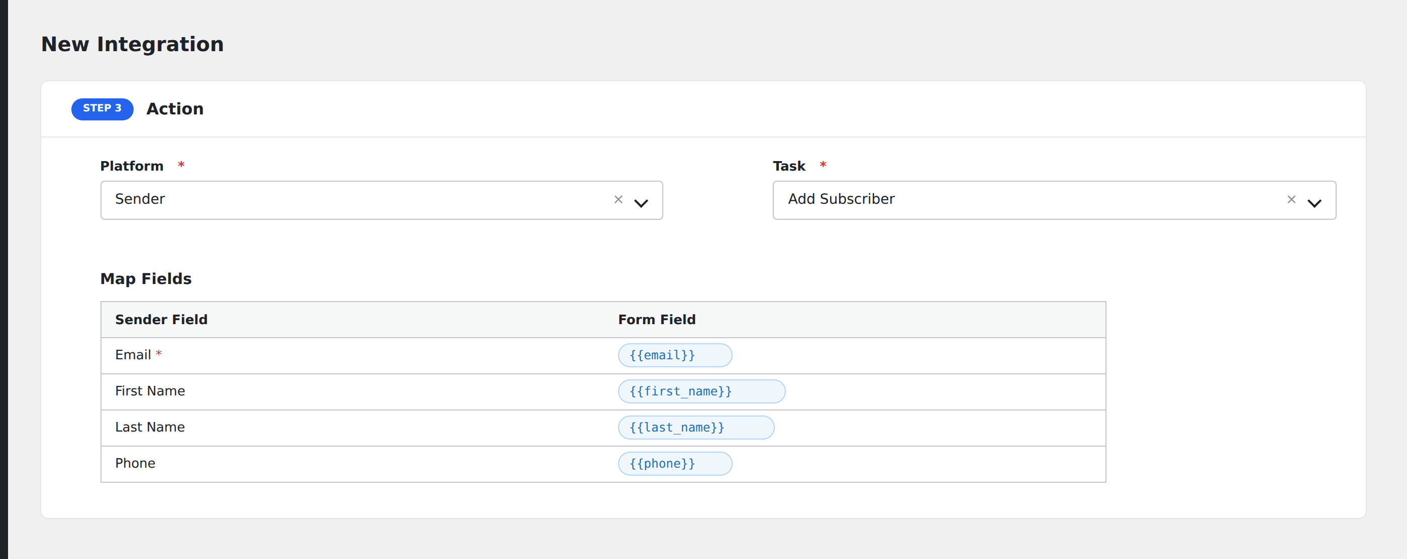 Screenshot: AFI field-mapping screen with Sender fields visible
