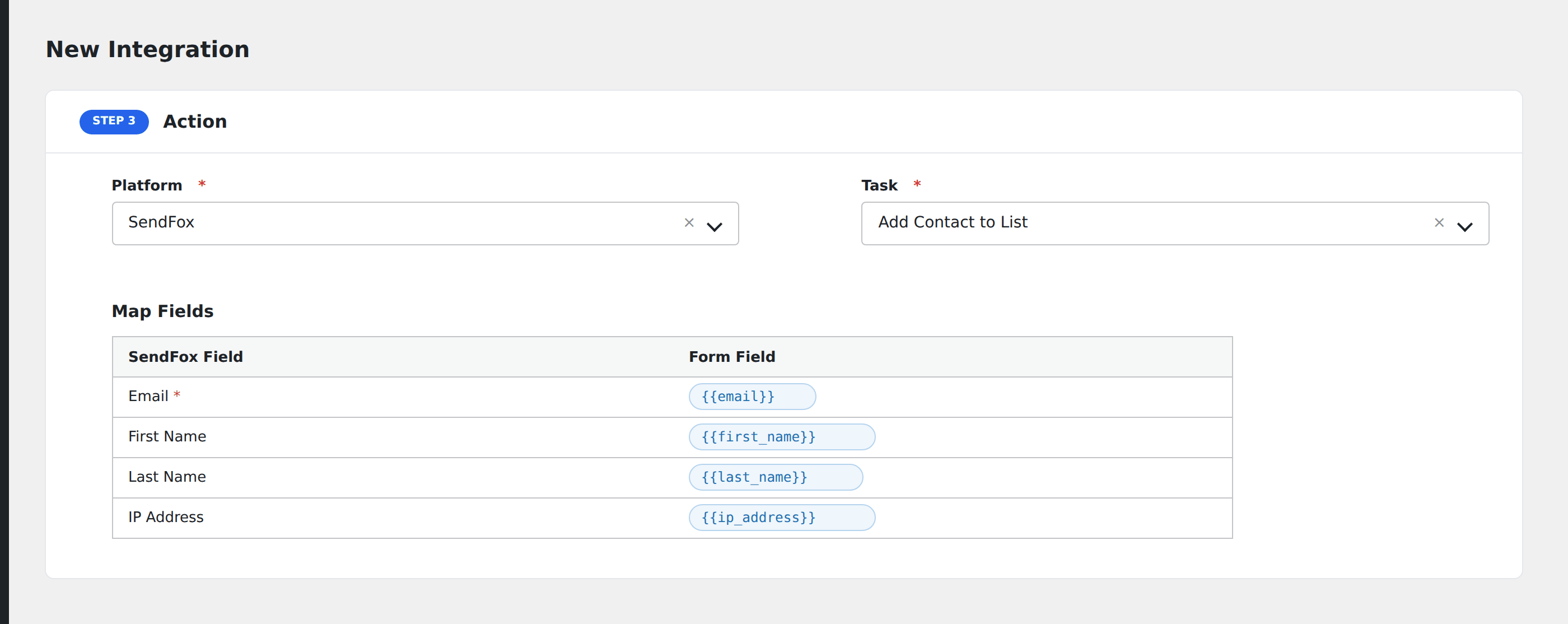 Screenshot: AFI field-mapping screen with SendFox fields visible