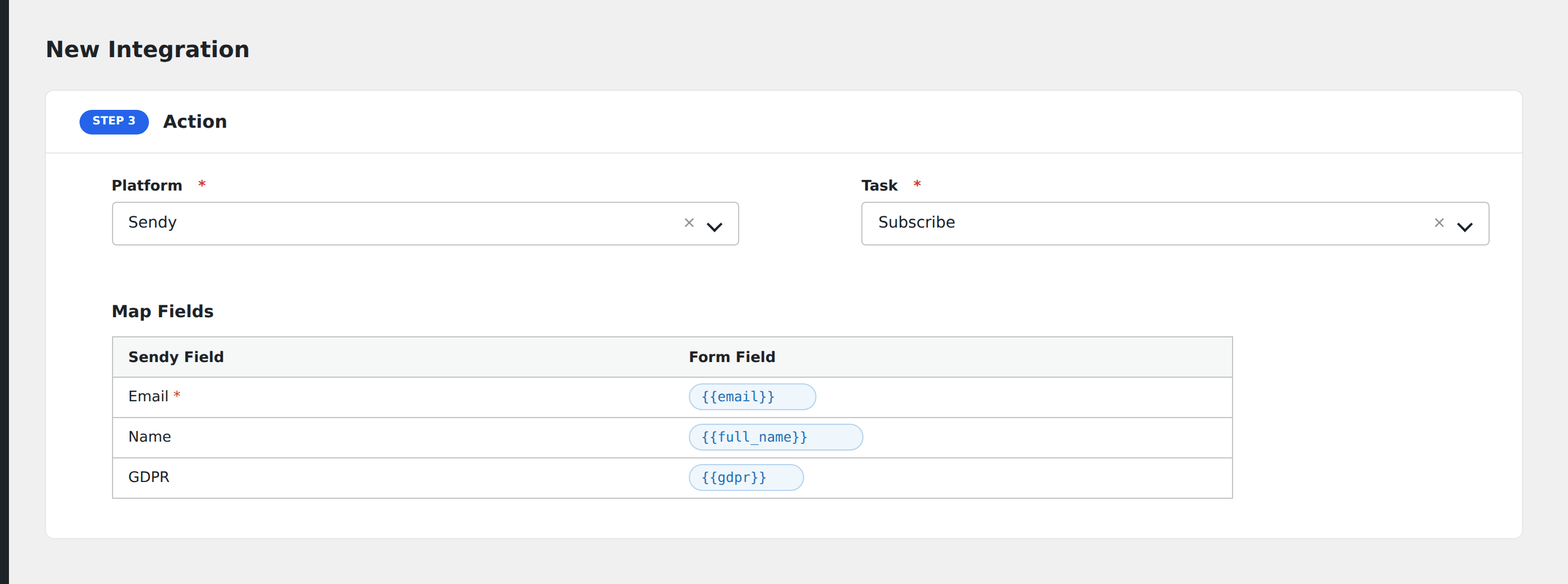 Screenshot: AFI field-mapping screen with Sendy fields visible