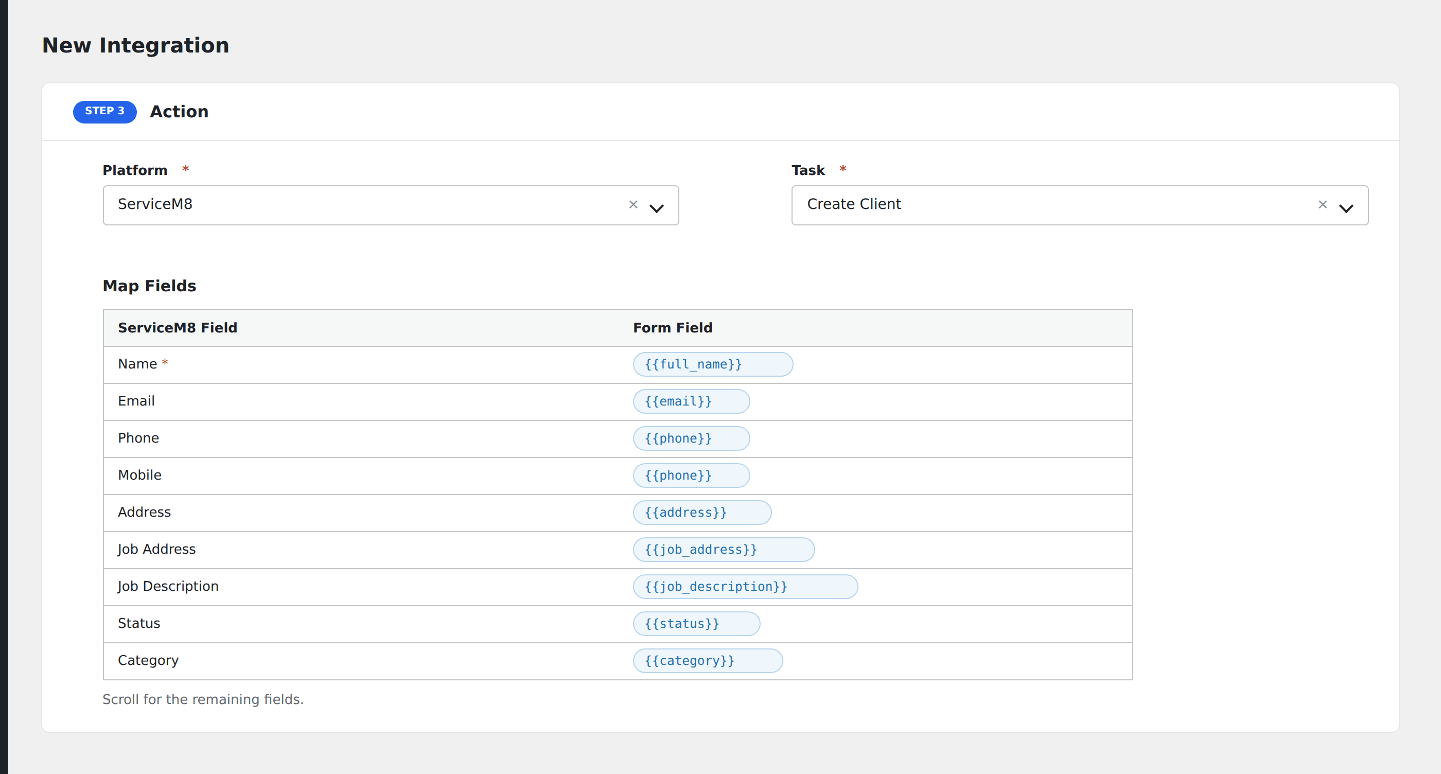 Screenshot: AFI field-mapping screen with ServiceM8 job fields visible