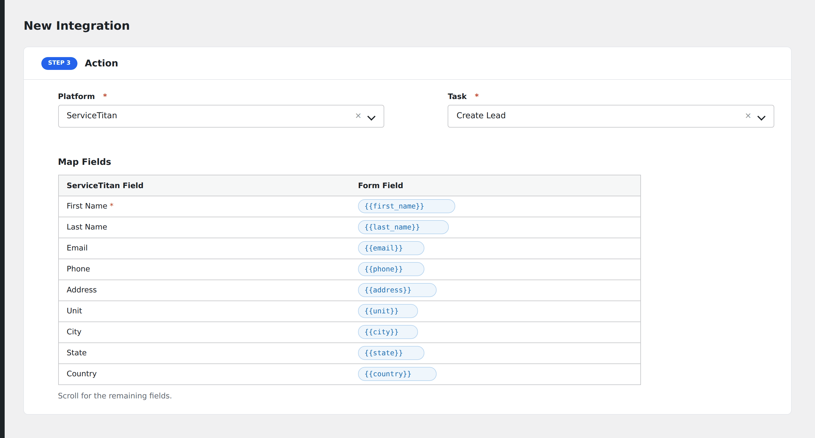Screenshot: AFI field-mapping screen with ServiceTitan lead fields visible