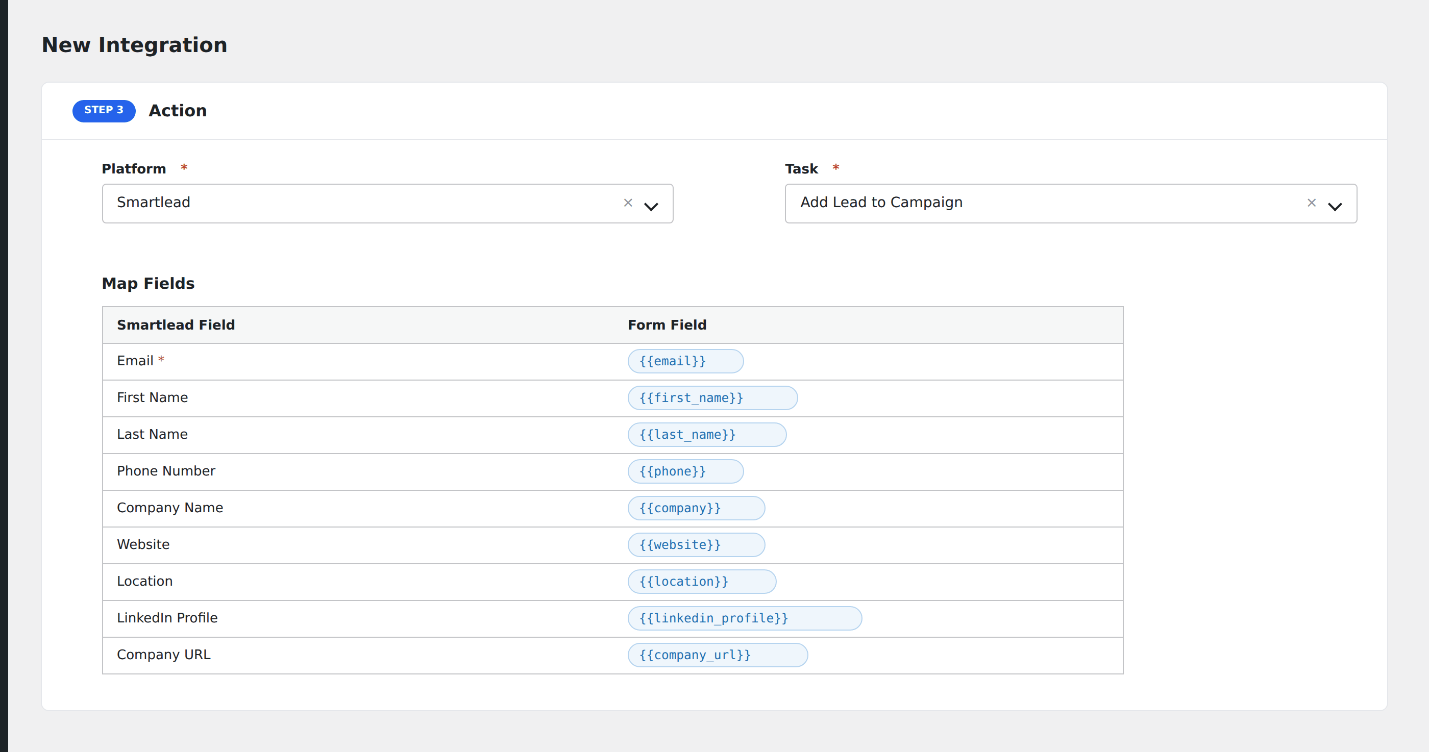 Screenshot: AFI field-mapping screen with Smartlead campaign and lead fields visible