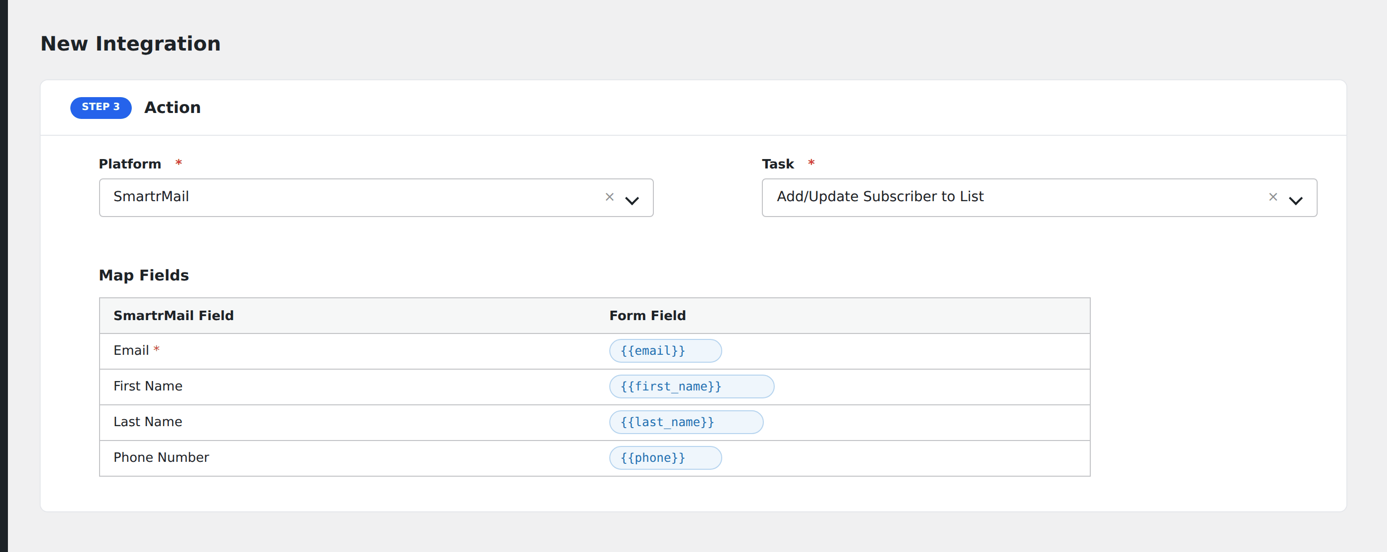 Screenshot: AFI field-mapping screen with SmartrMail list and subscriber fields visible