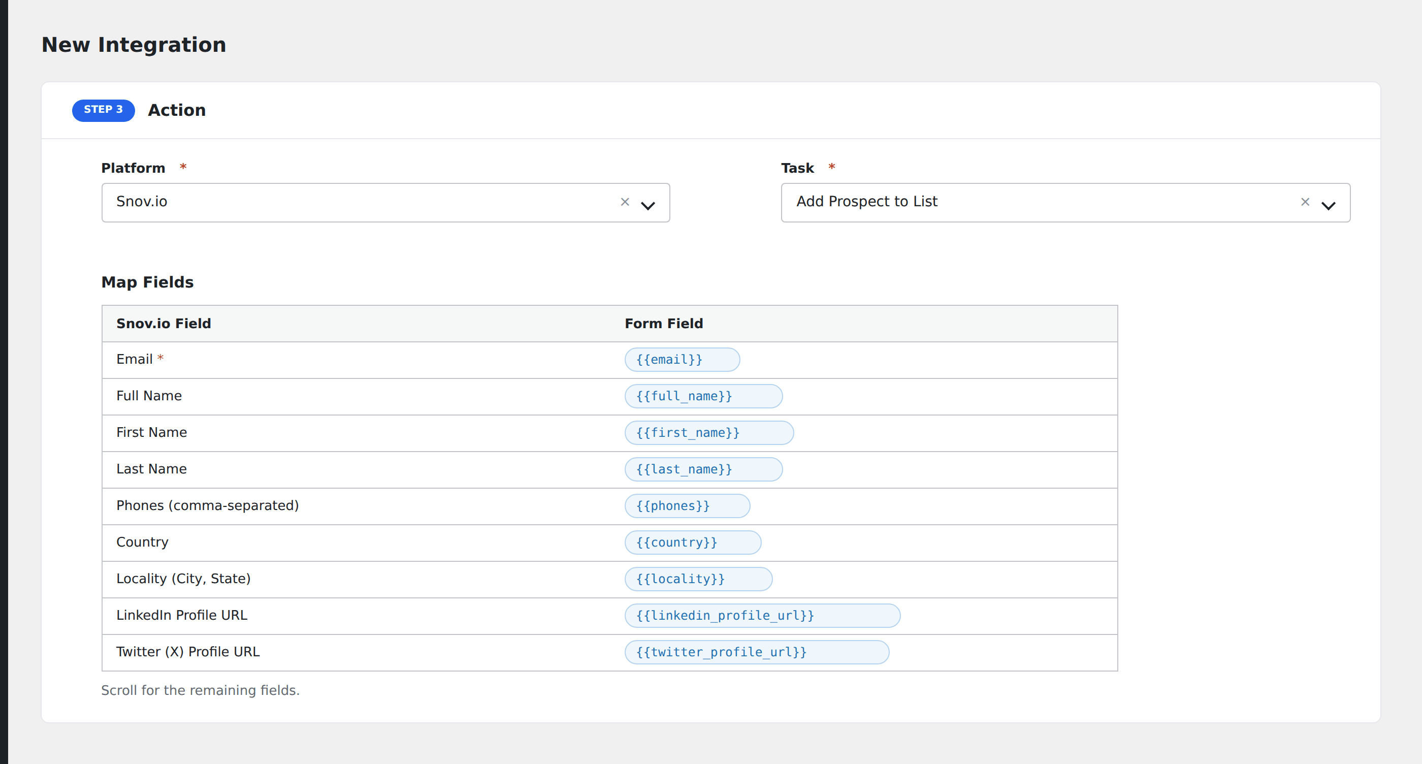 Screenshot: AFI field-mapping screen with Snov.io fields visible