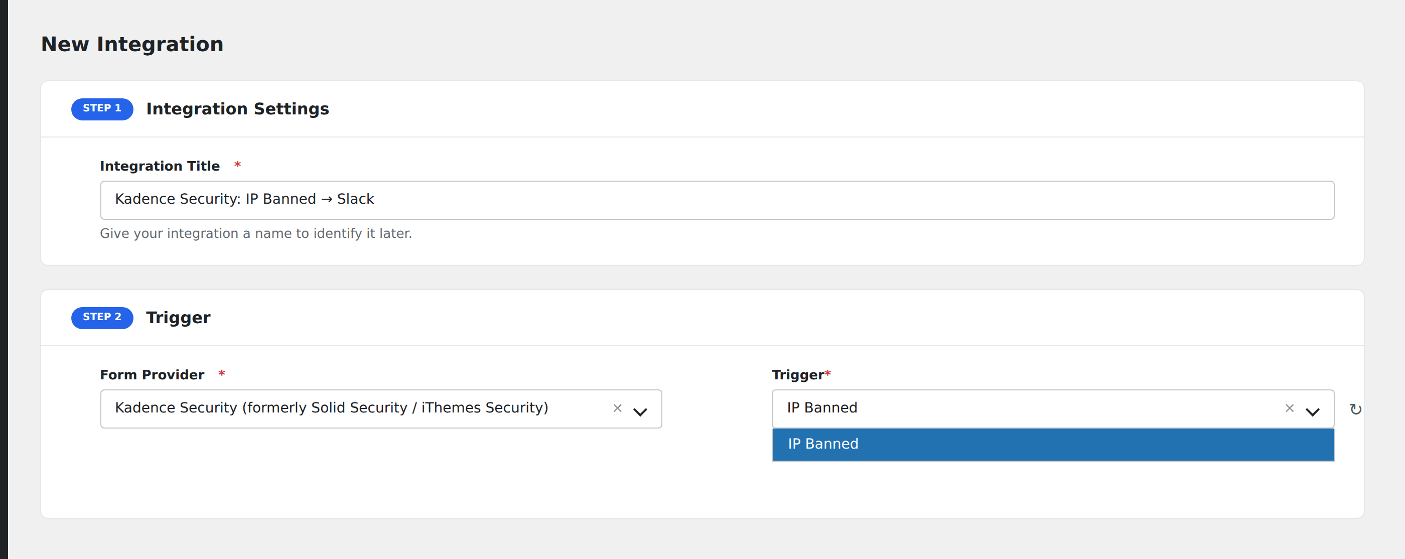 Screenshot: AFI Add New screen with Kadence Security selected as the Form/Data Provider