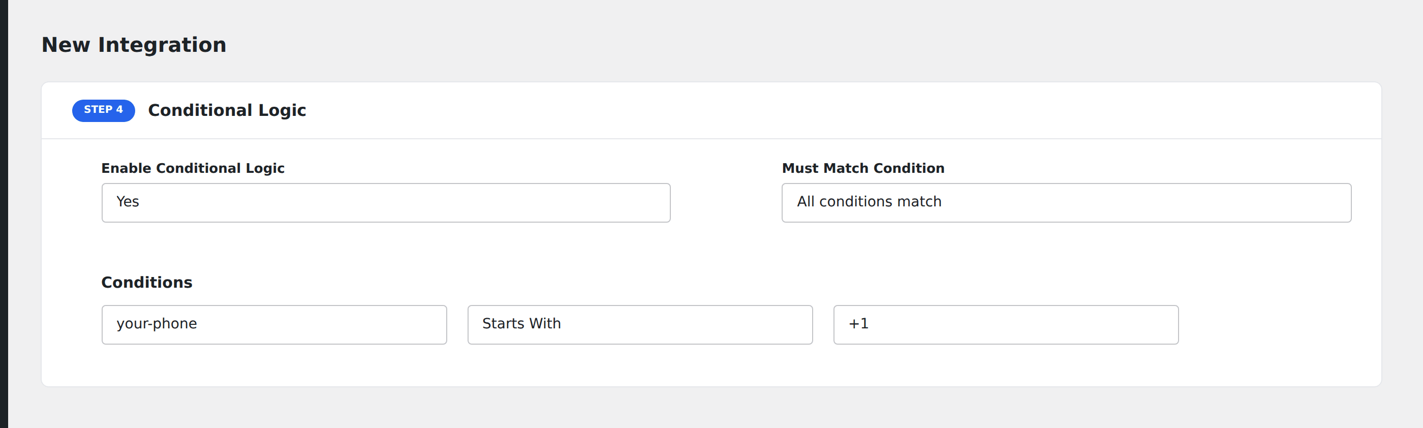 Screenshot: AFI Conditional Logic panel with one condition row: field dropdown set to "your-phone", operator dropdown set to "Starts With", value field showing "+1"