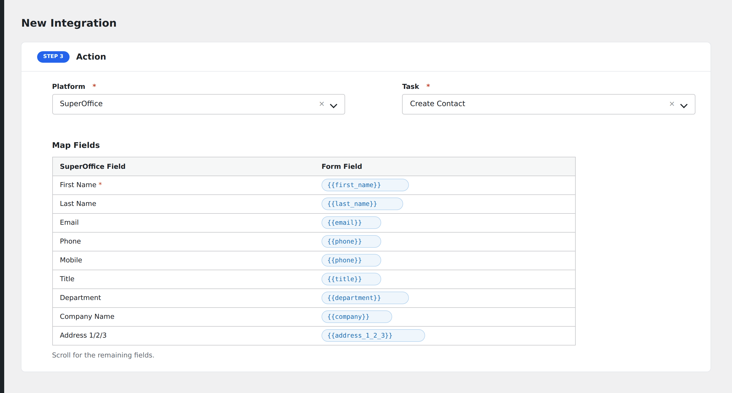 Screenshot: AFI field-mapping screen with SuperOffice contact fields visible
