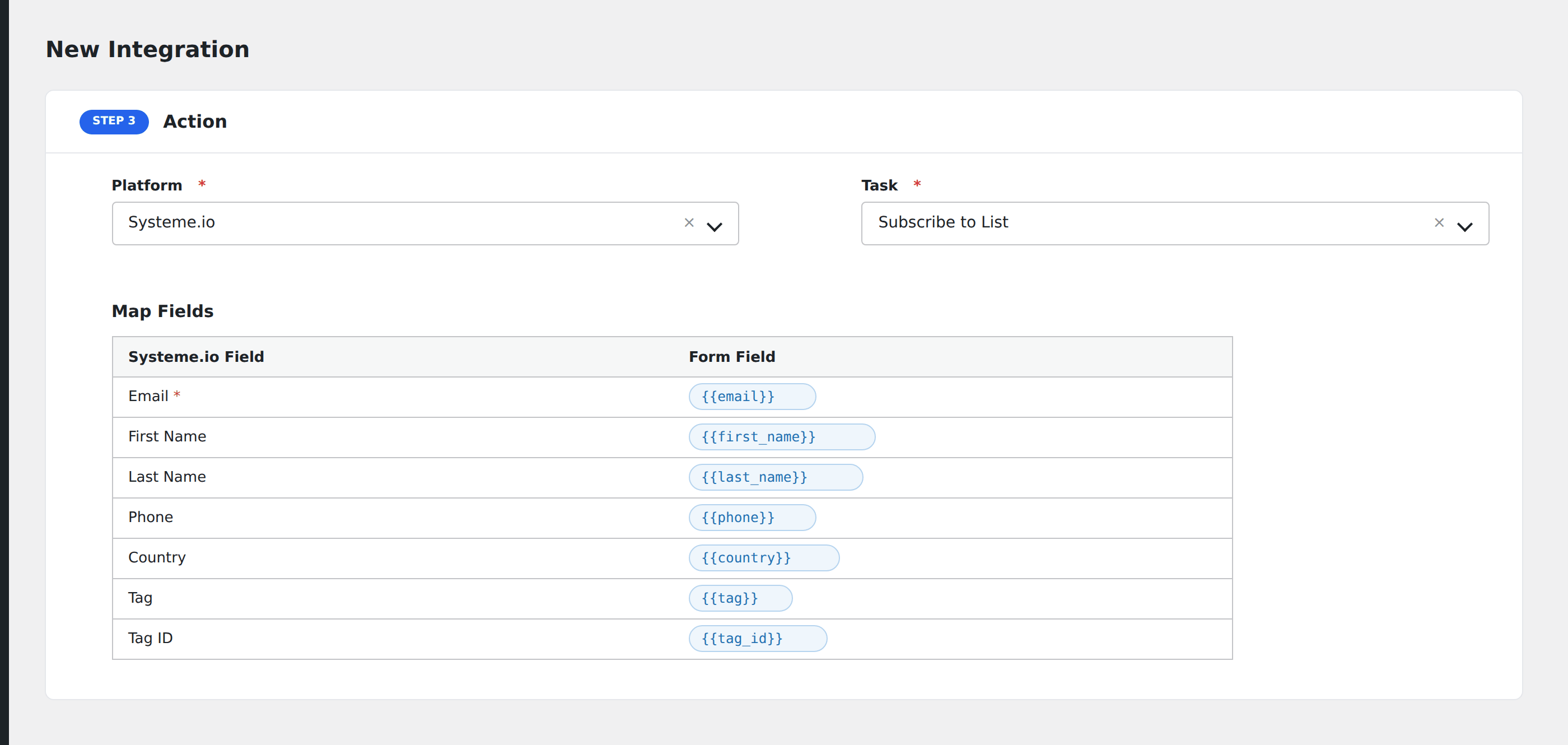Screenshot: AFI field-mapping screen with Systeme.io contact and tag fields visible