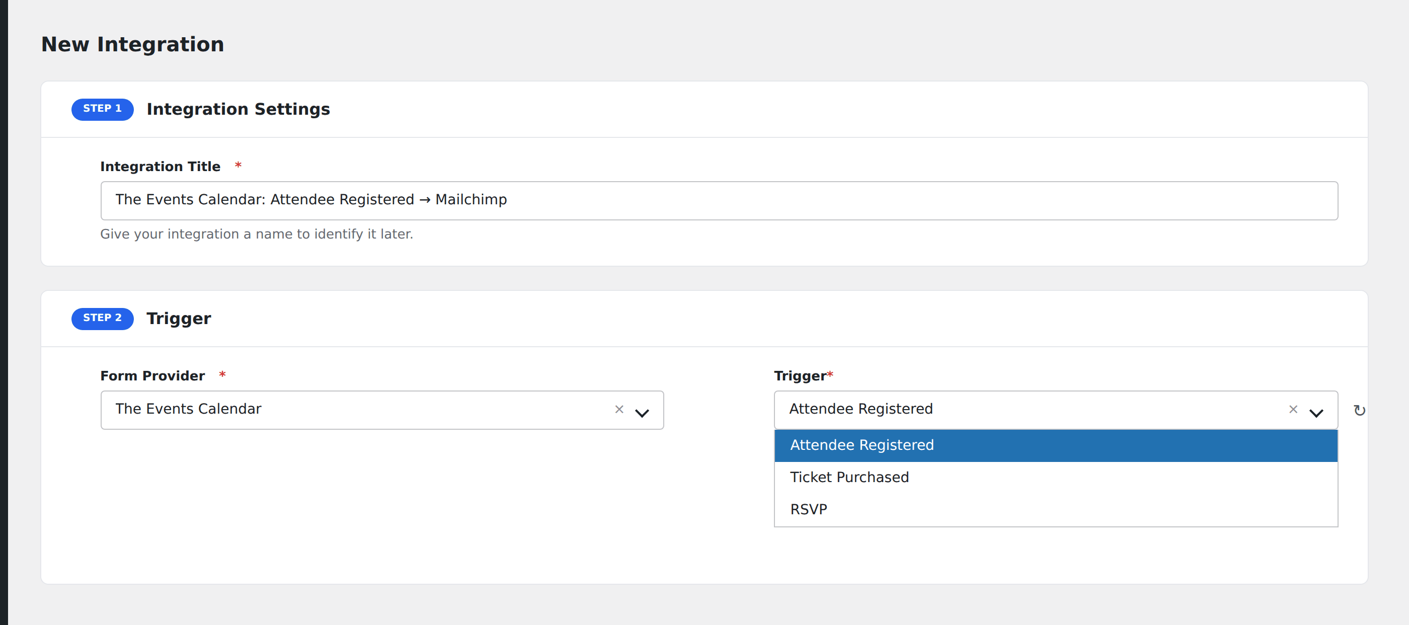 Screenshot: AFI Add New screen with The Events Calendar selected and the available event-registration events