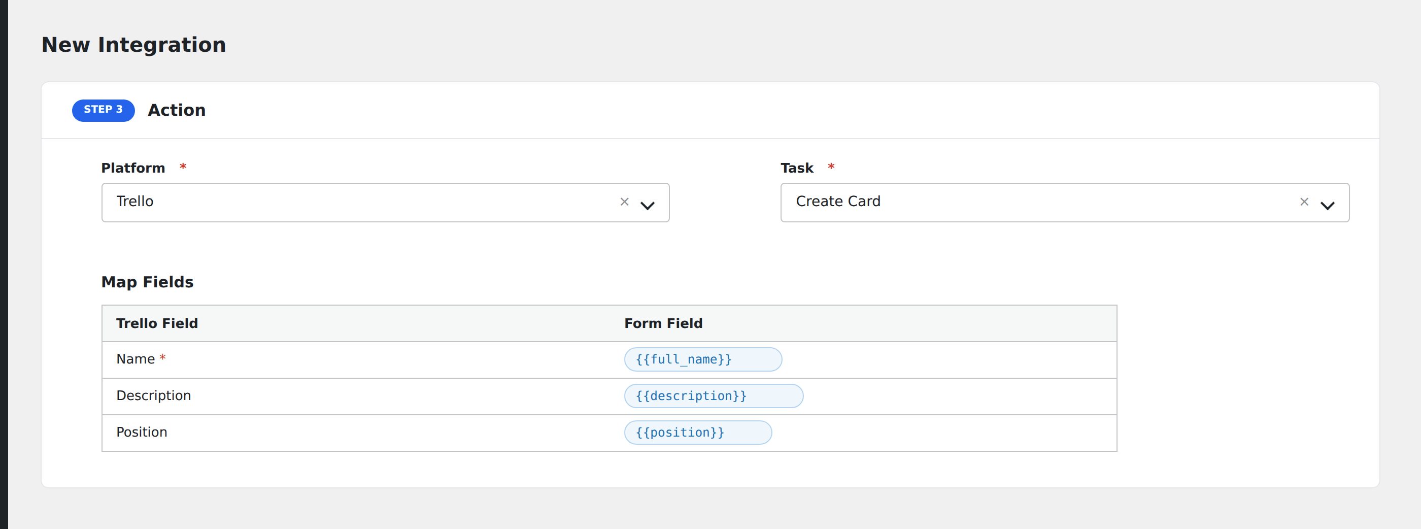 Screenshot: AFI field-mapping screen with Trello card fields visible