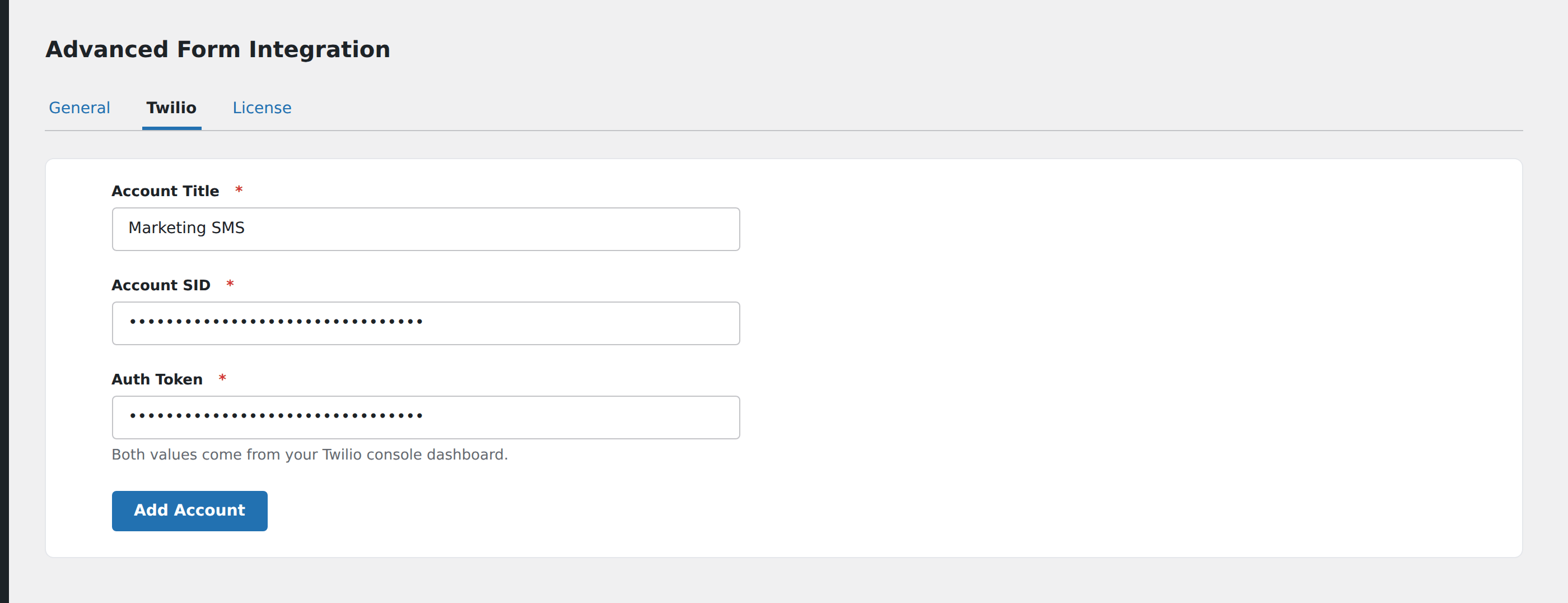 Screenshot: AFI Settings → Twilio with the account title, Account SID and Auth Token fields filled in