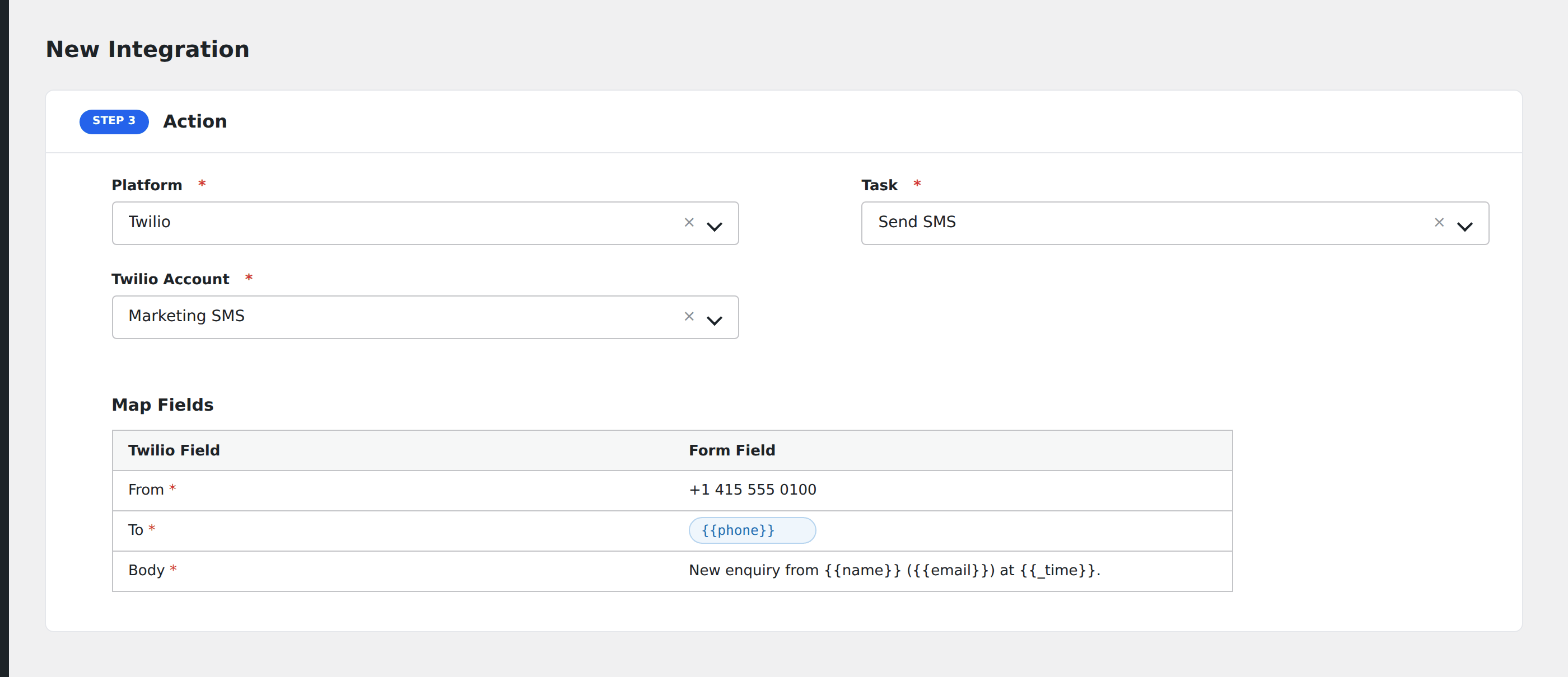 Screenshot: the AFI action step for Twilio with the From, To and Body fields completed