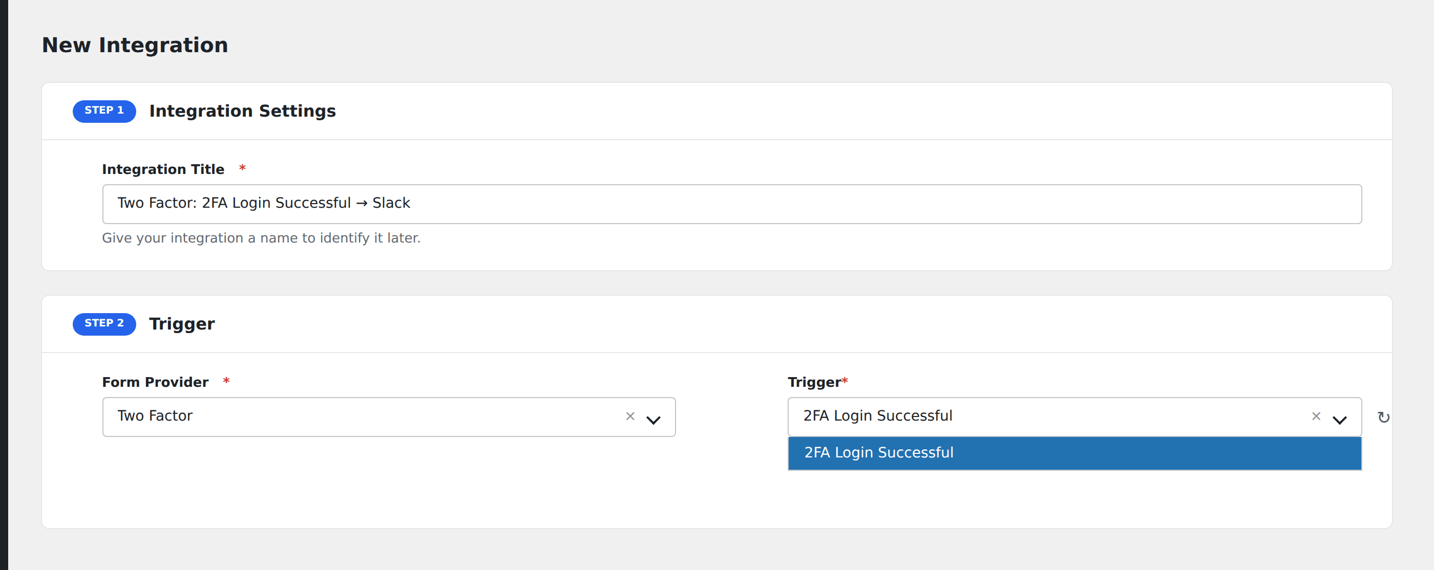 Screenshot: AFI Add New screen with Two Factor selected as the Form/Data Provider