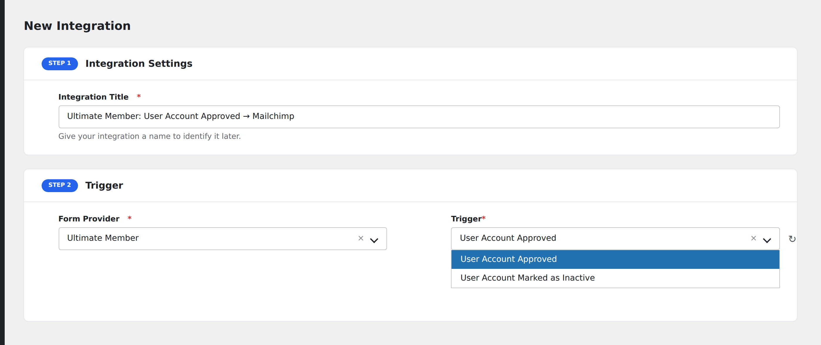 Screenshot: AFI Add New screen with Ultimate Member selected and the available registration events
