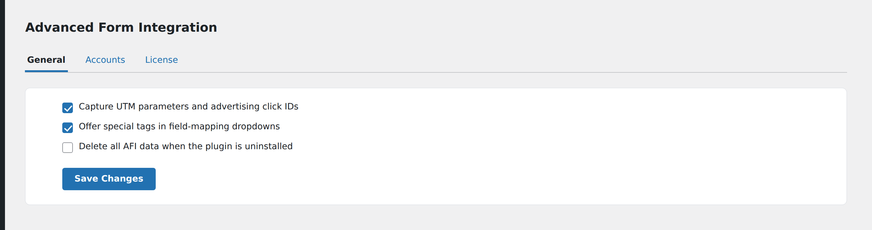 Screenshot: AFI Settings → General with the UTM tracking and special tags settings switched on
