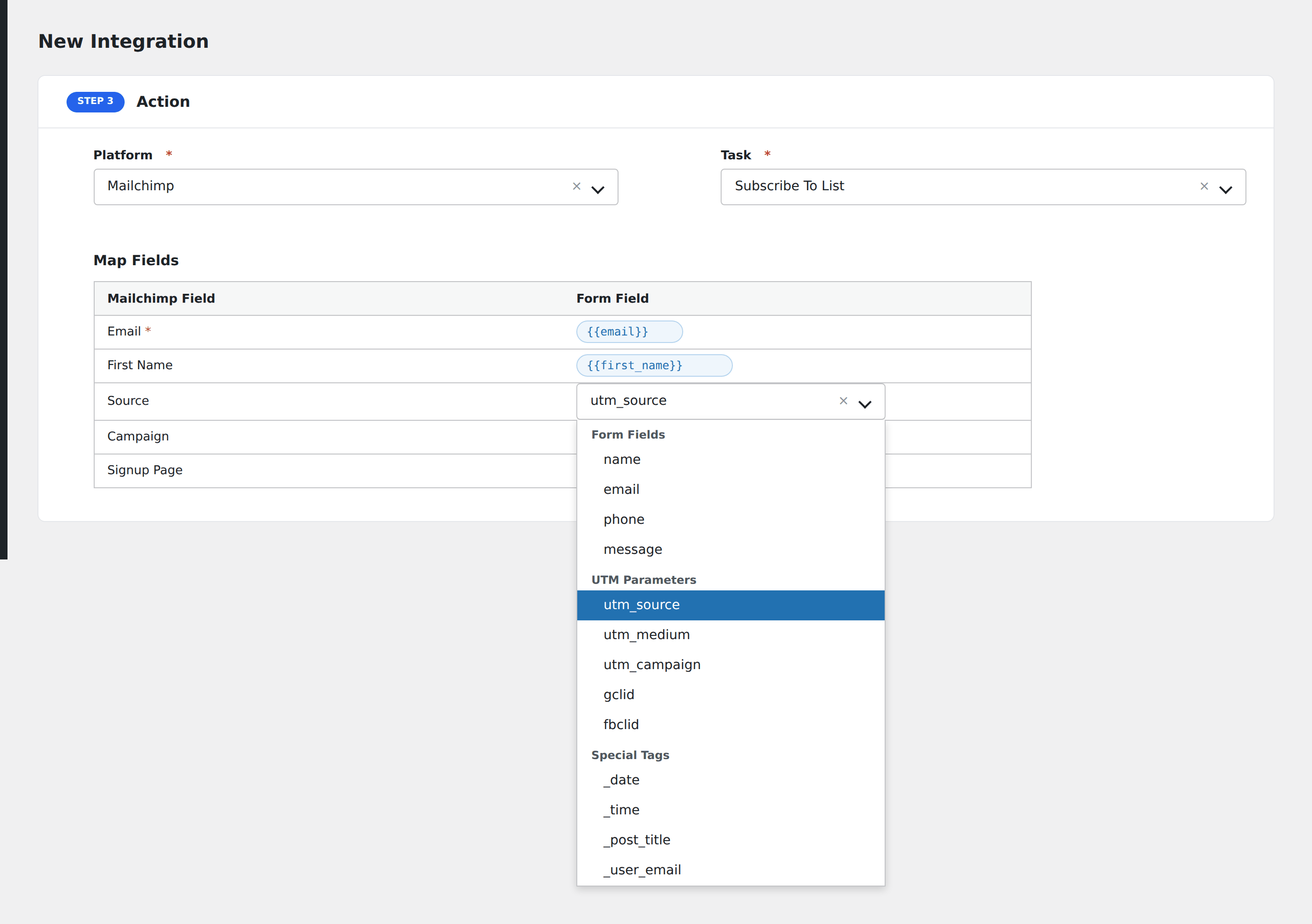 Screenshot: a field-mapping dropdown open, with the Form Fields, UTM Parameters and Special Tags groups visible