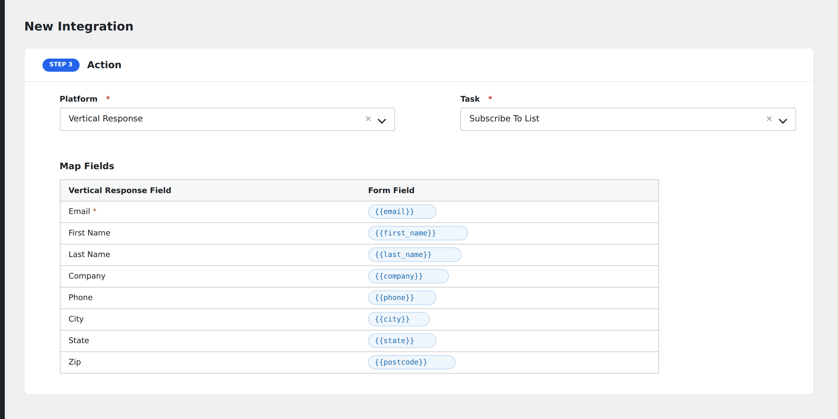 Screenshot: AFI field-mapping screen with Vertical Response list and contact fields visible