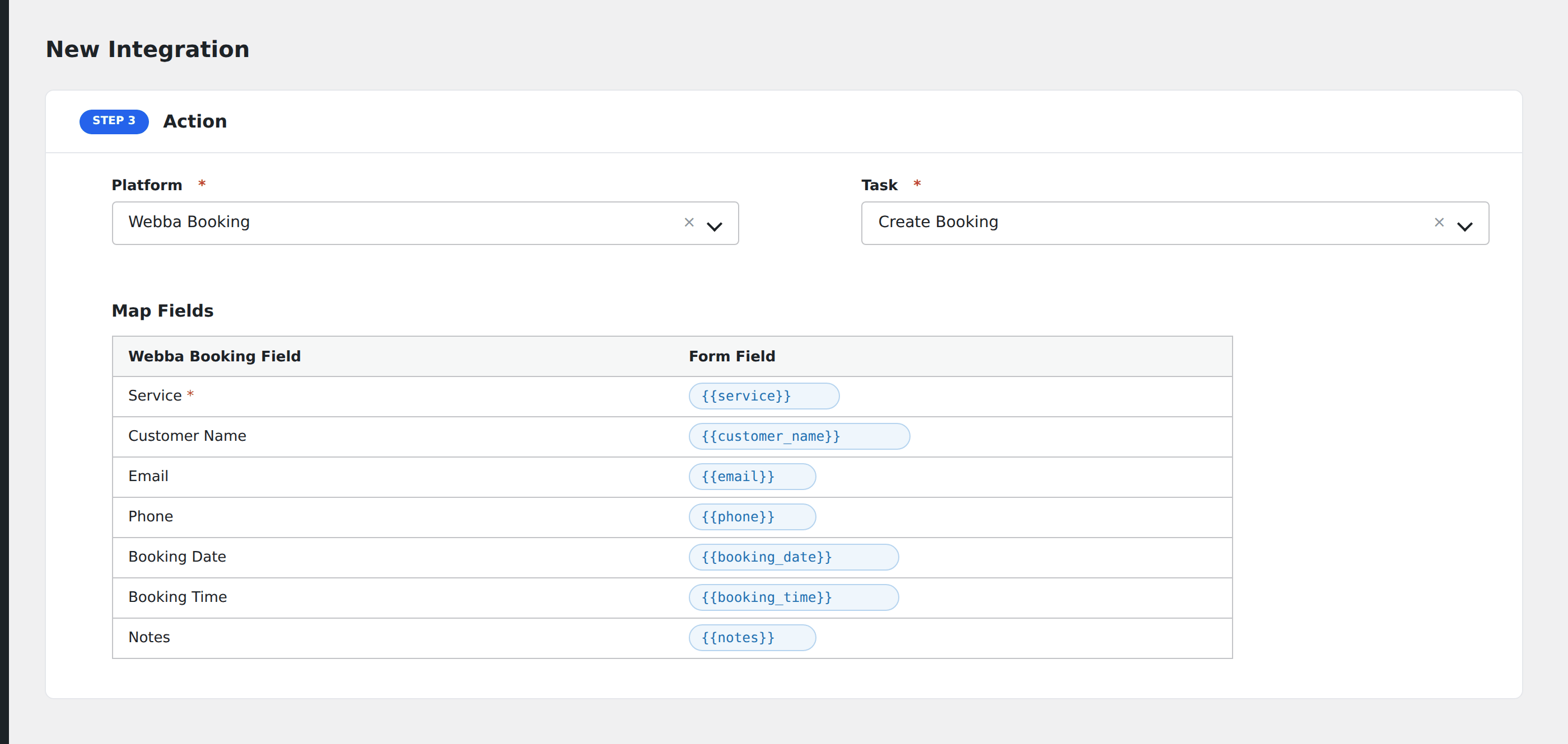 Screenshot: AFI field-mapping screen with Webba Booking service and date fields visible