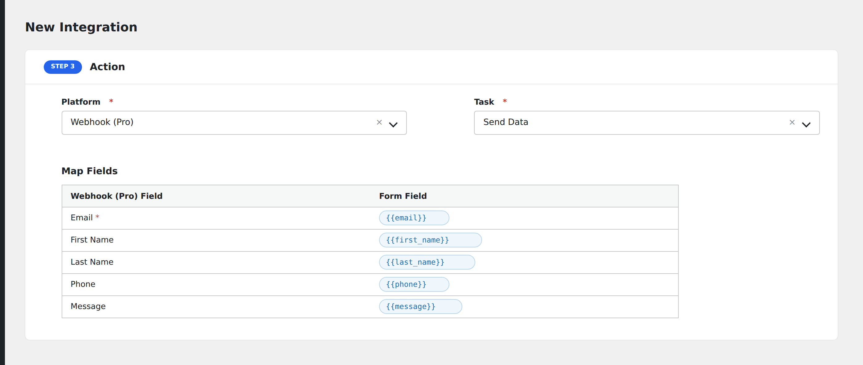 Screenshot: AFI field-mapping screen with Webhook Pro options visible, headers, auth, retry