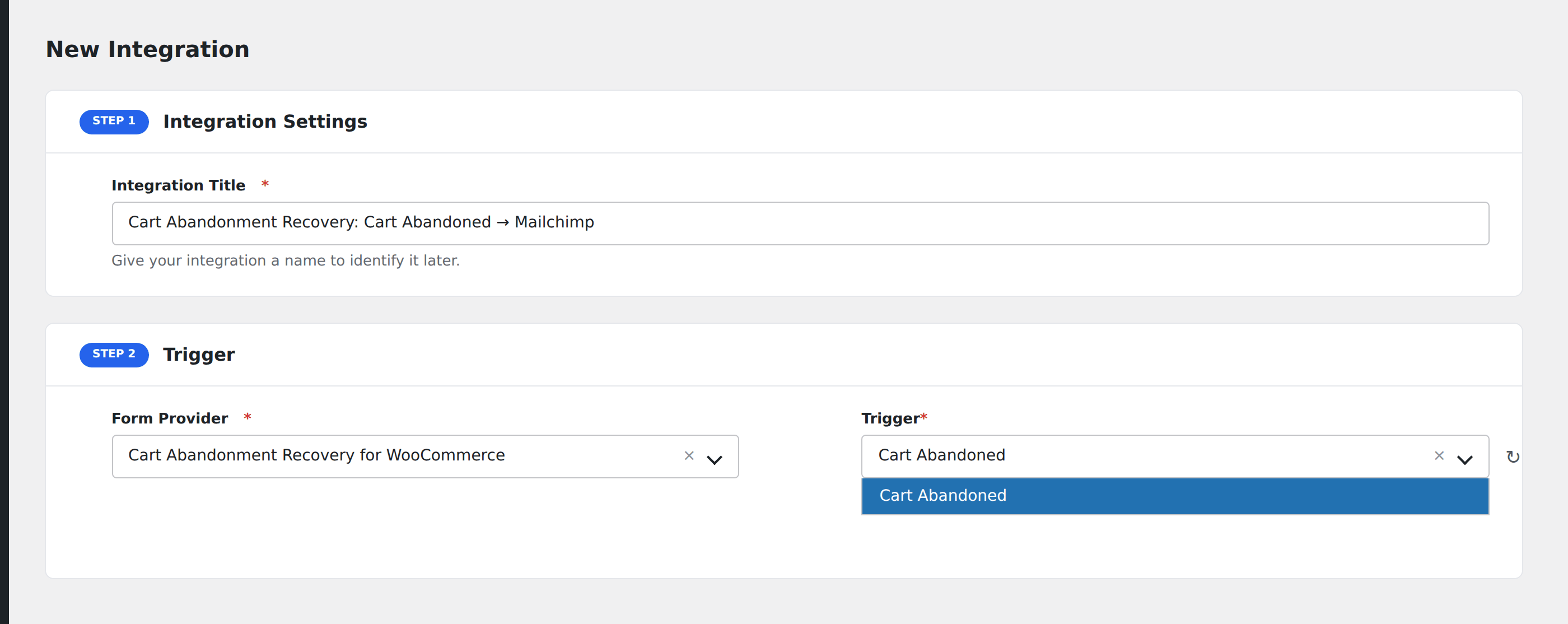 Screenshot: AFI Add New screen with Cart Abandonment Recovery selected as the Form/Data Provider