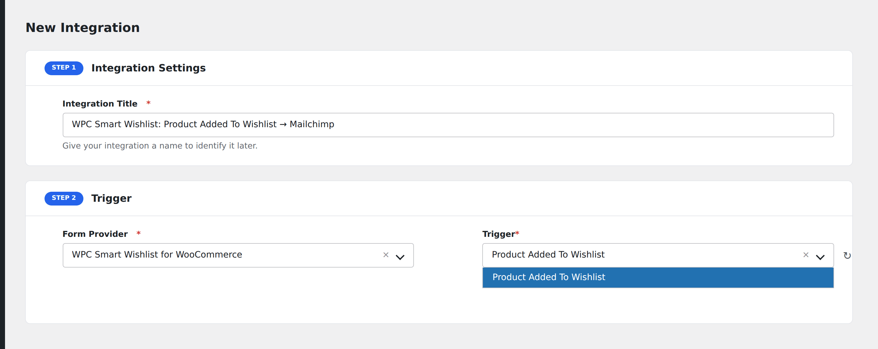 Screenshot: AFI Add New screen with WPC Smart Wishlist selected as the Form/Data Provider