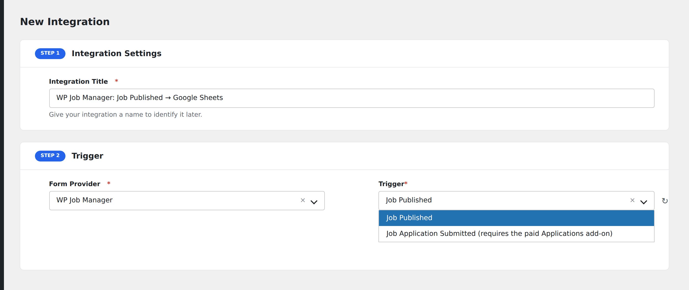 Screenshot: AFI Add New screen with WP Job Manager selected as the Form/Data Provider