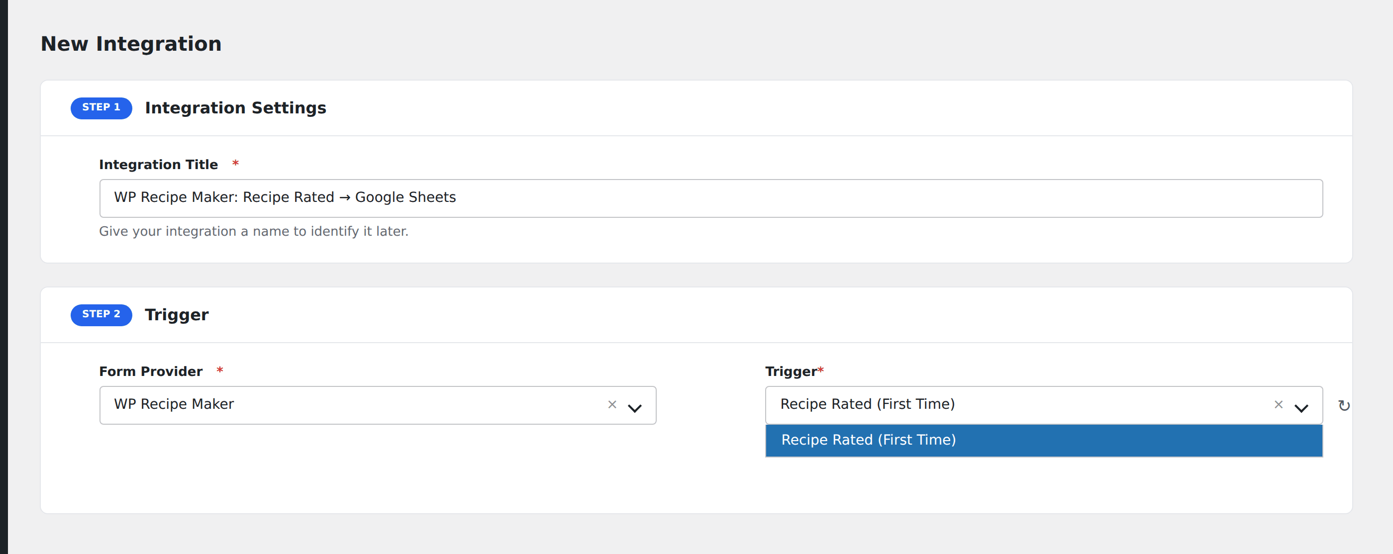 Screenshot: AFI Add New screen with WP Recipe Maker selected as the Form/Data Provider