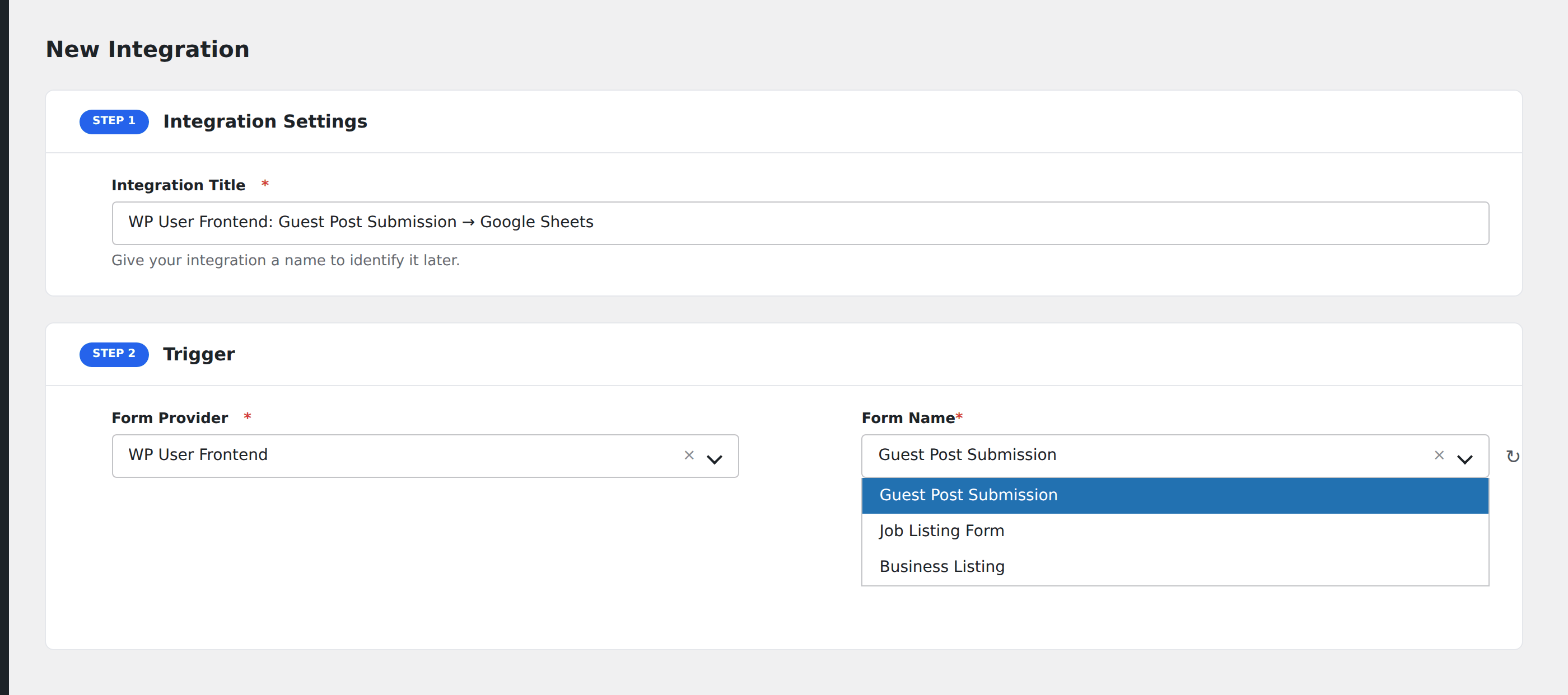 Screenshot: AFI Add New screen with WP User Frontend selected as the Form/Data Provider