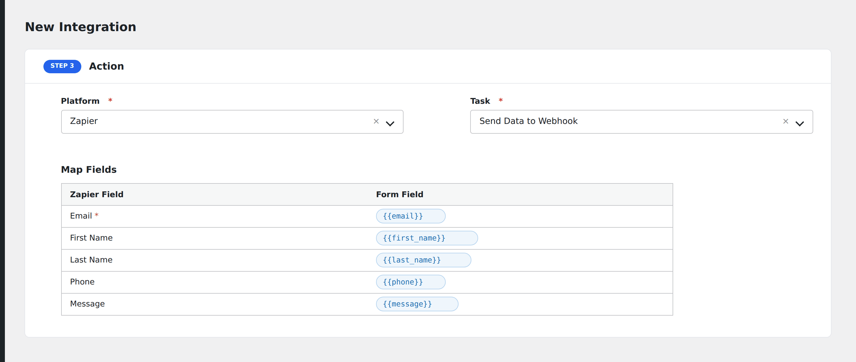Screenshot: AFI Add New screen with Zapier selected as the platform, the Send Data to Webhook task chosen, the Zapier webhook URL pasted, and a list of mapped fields below