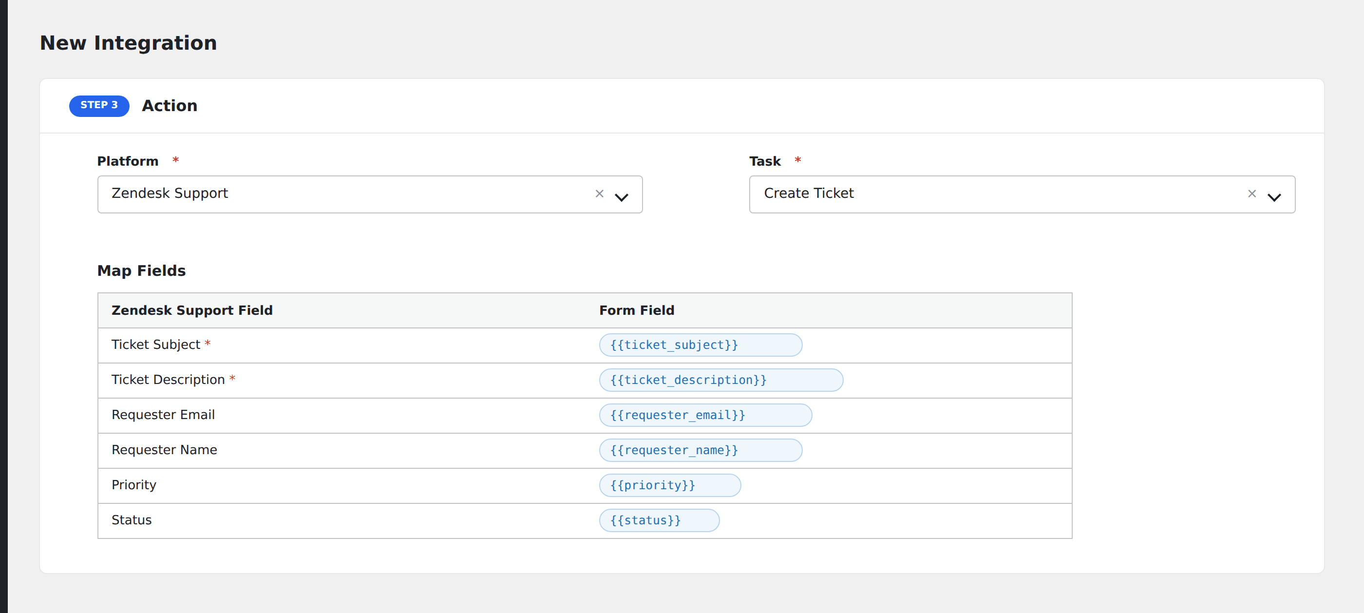 Screenshot: AFI field-mapping screen with Zendesk ticket fields visible
