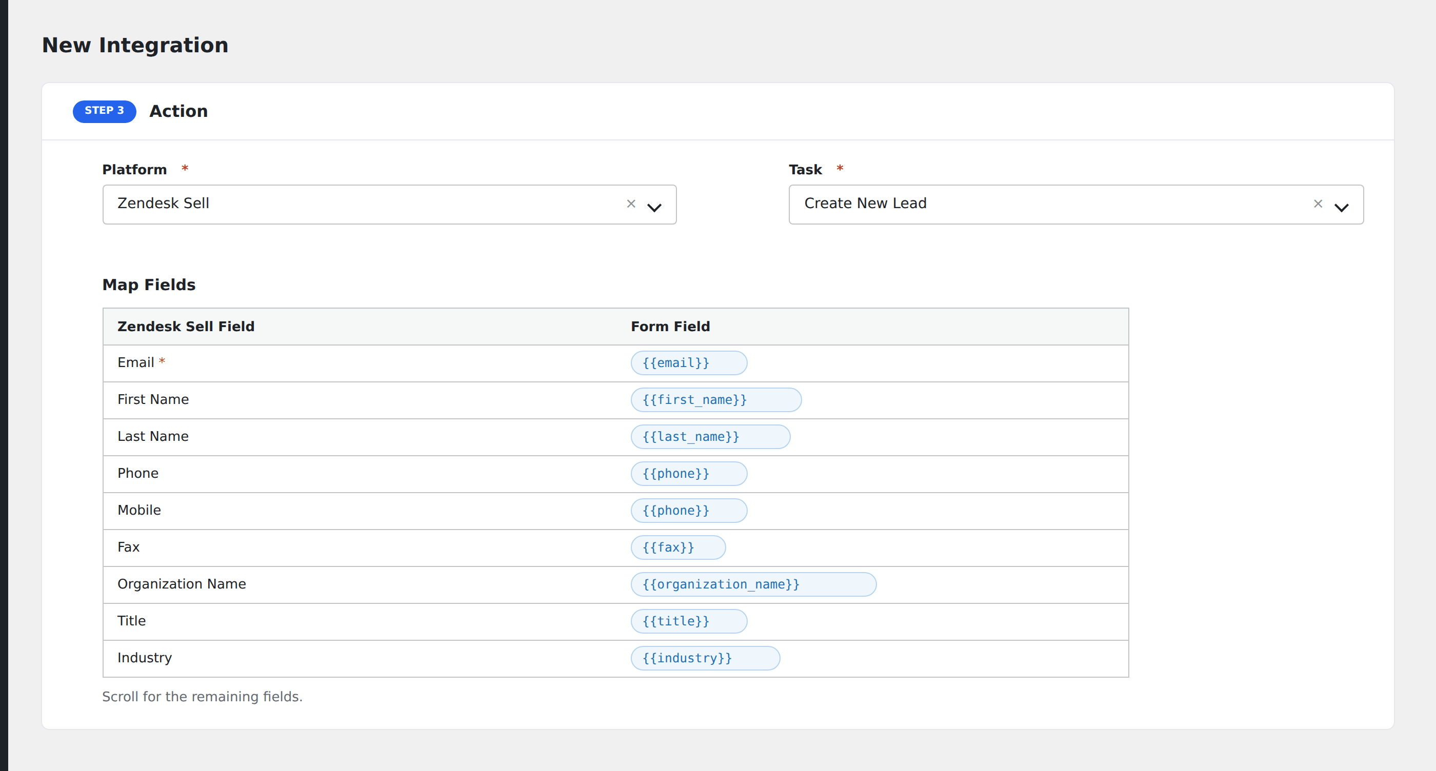 Screenshot: AFI field-mapping screen with Zendesk Sell lead fields visible