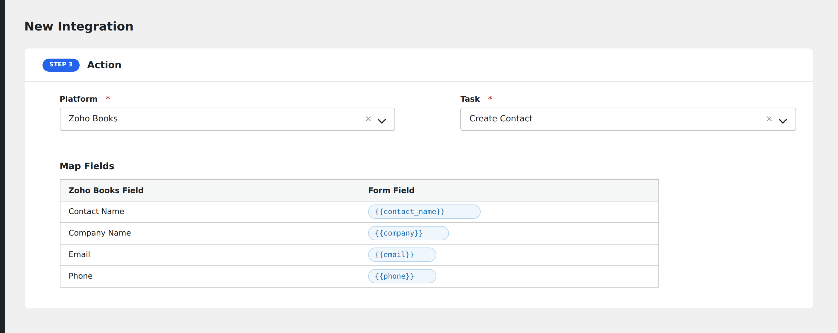 Screenshot: AFI field-mapping screen with Zoho Books contact fields visible
