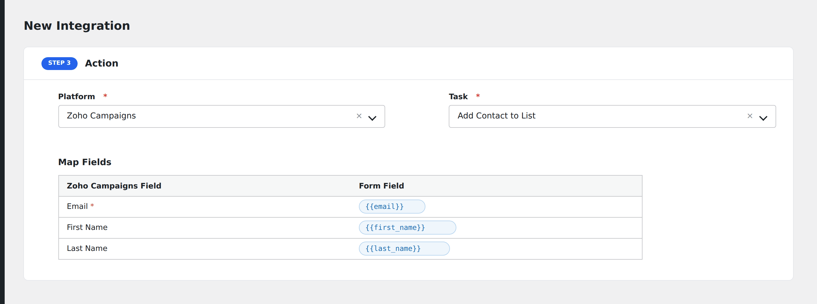 Screenshot: AFI field-mapping screen with Zoho Campaigns fields visible