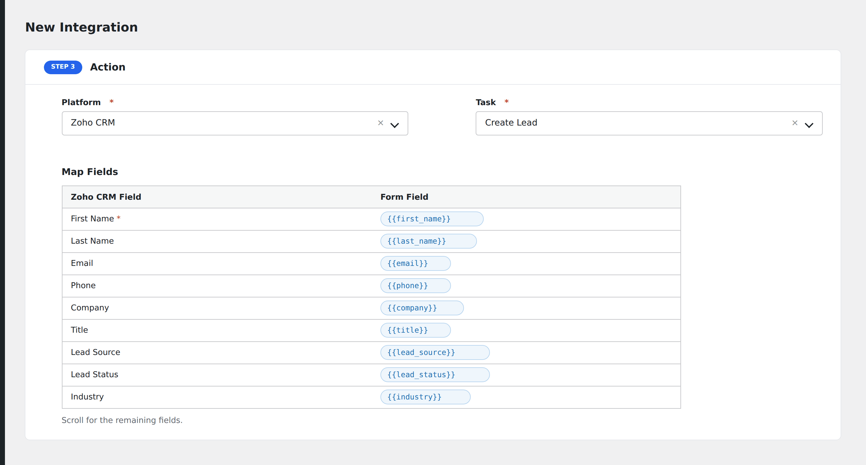 Screenshot: AFI field-mapping screen with Zoho CRM lead fields visible