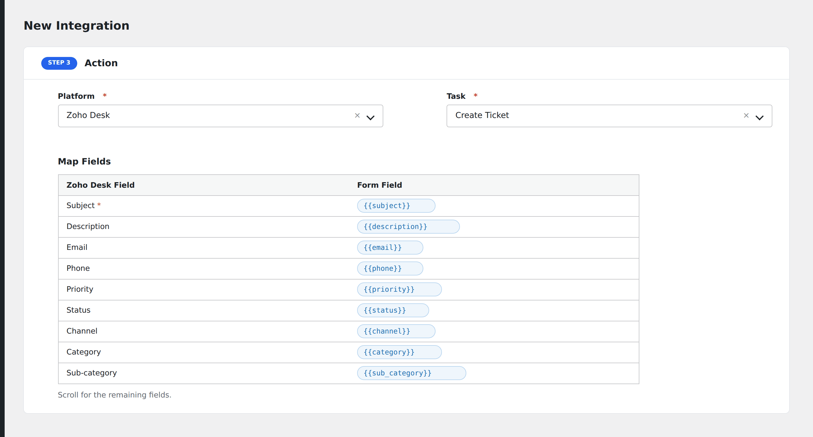Screenshot: AFI field-mapping screen with Zoho Desk ticket fields visible