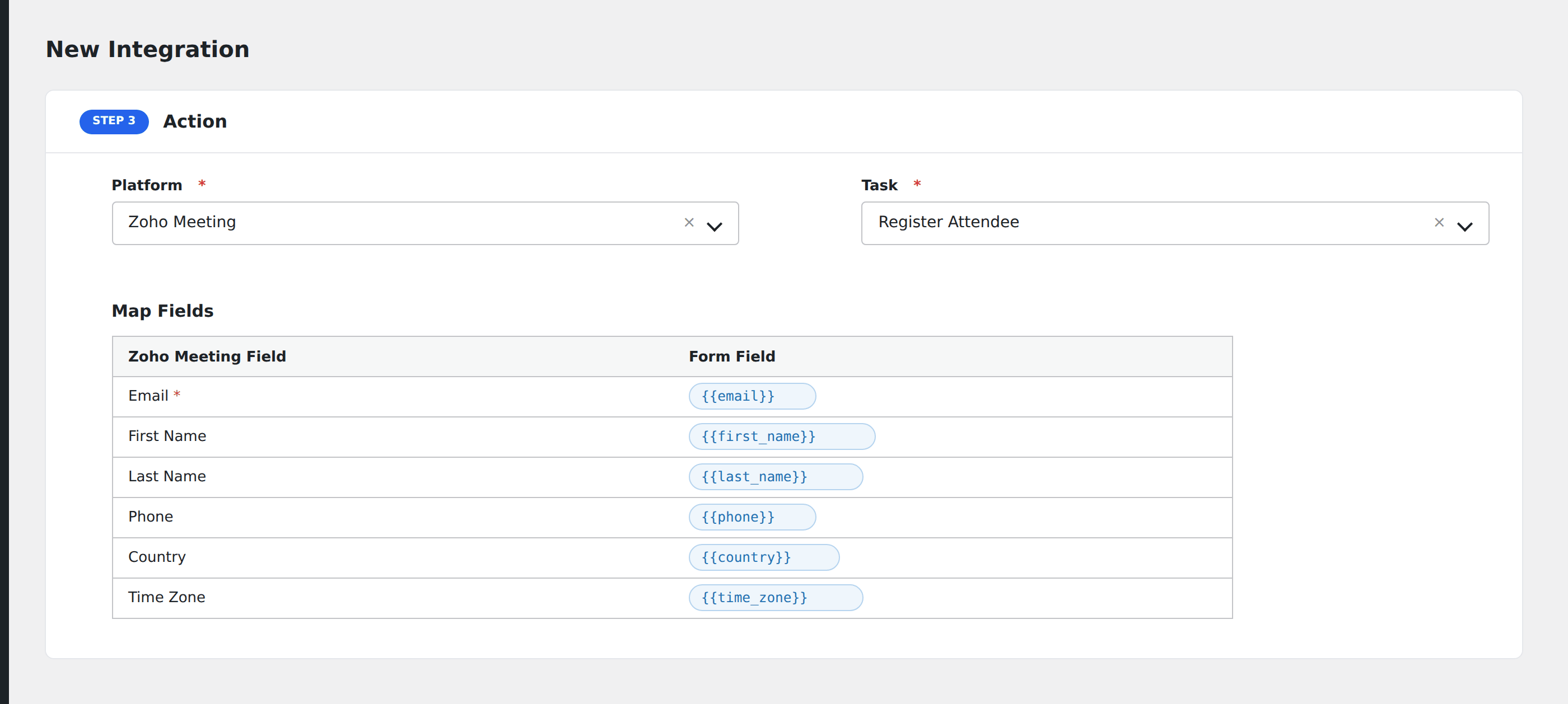 Screenshot: AFI field-mapping screen with Zoho Meeting webinar and registrant fields visible