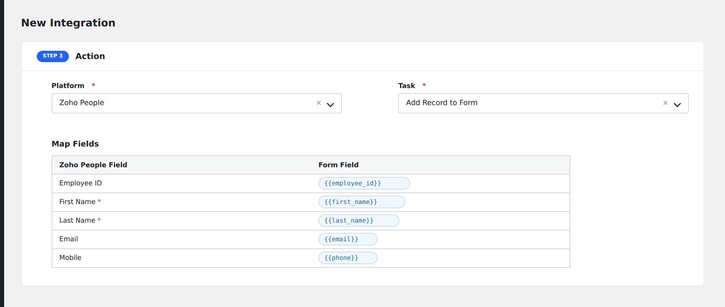 Screenshot: AFI field-mapping screen with Zoho People form fields visible