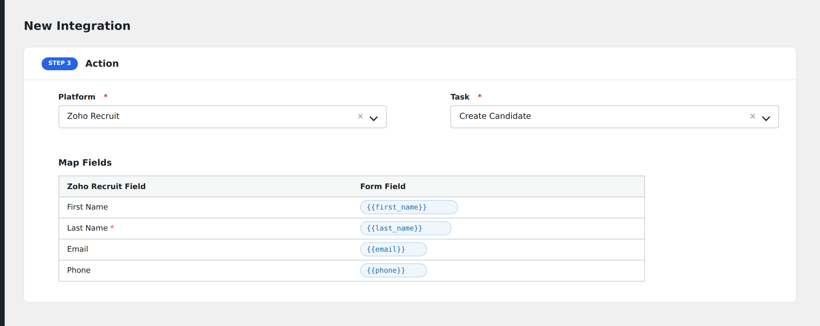 Screenshot: AFI field-mapping screen with Zoho Recruit candidate fields visible