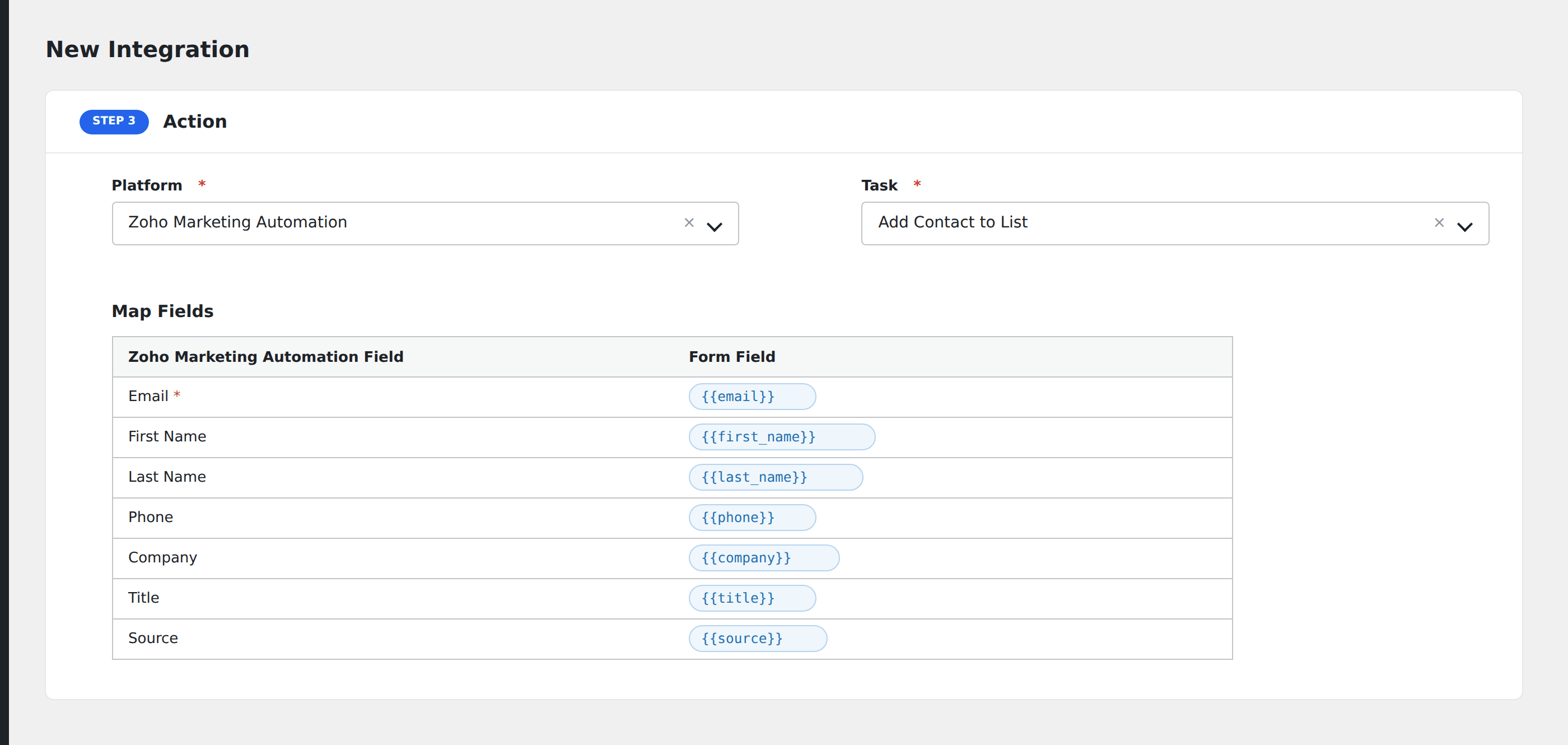 Screenshot: AFI field-mapping screen with Zoho Marketing Automation list and contact fields visible